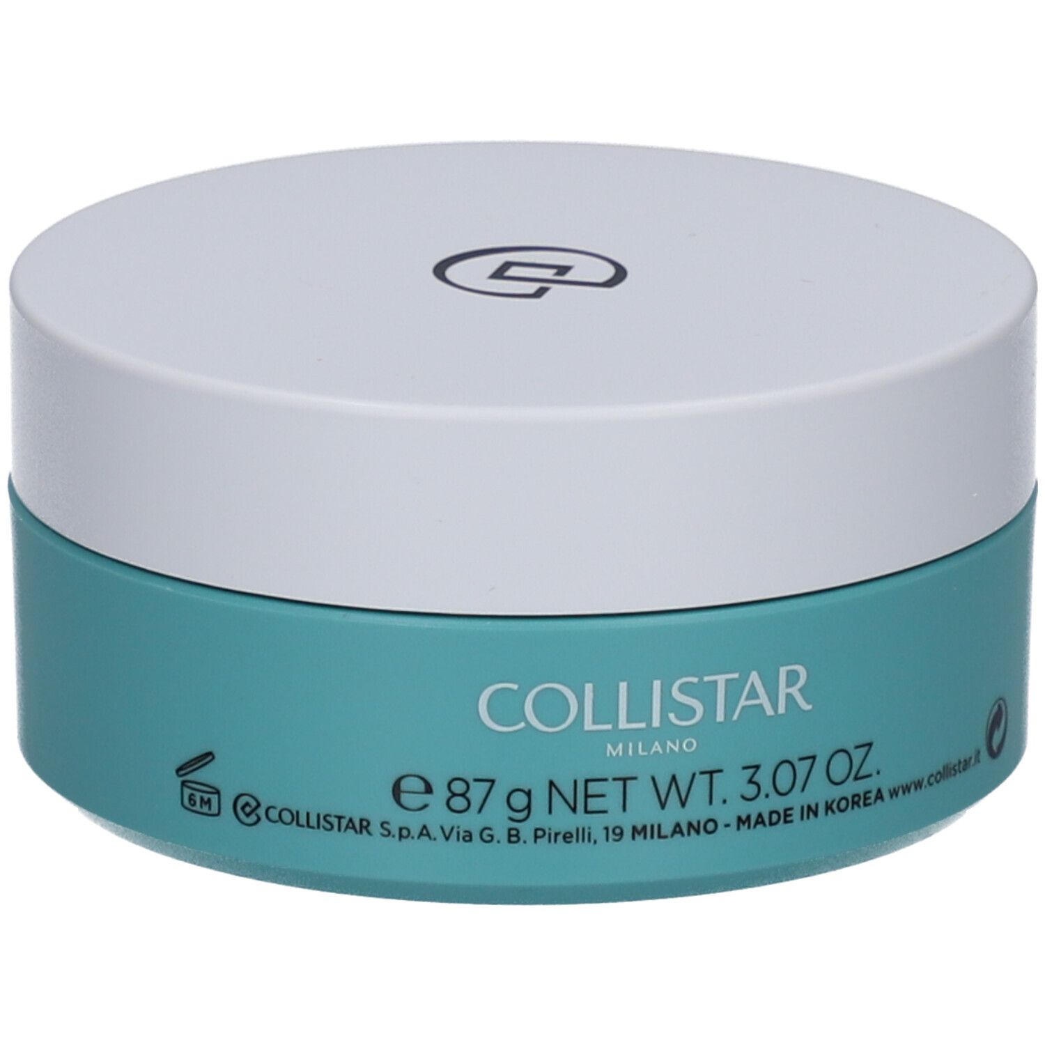 Runde Dose mit weißem Deckel und türkisfarbenem Boden. Aufschrift: COLLISTAR, e 87 g NET WT. 3.07 OZ.