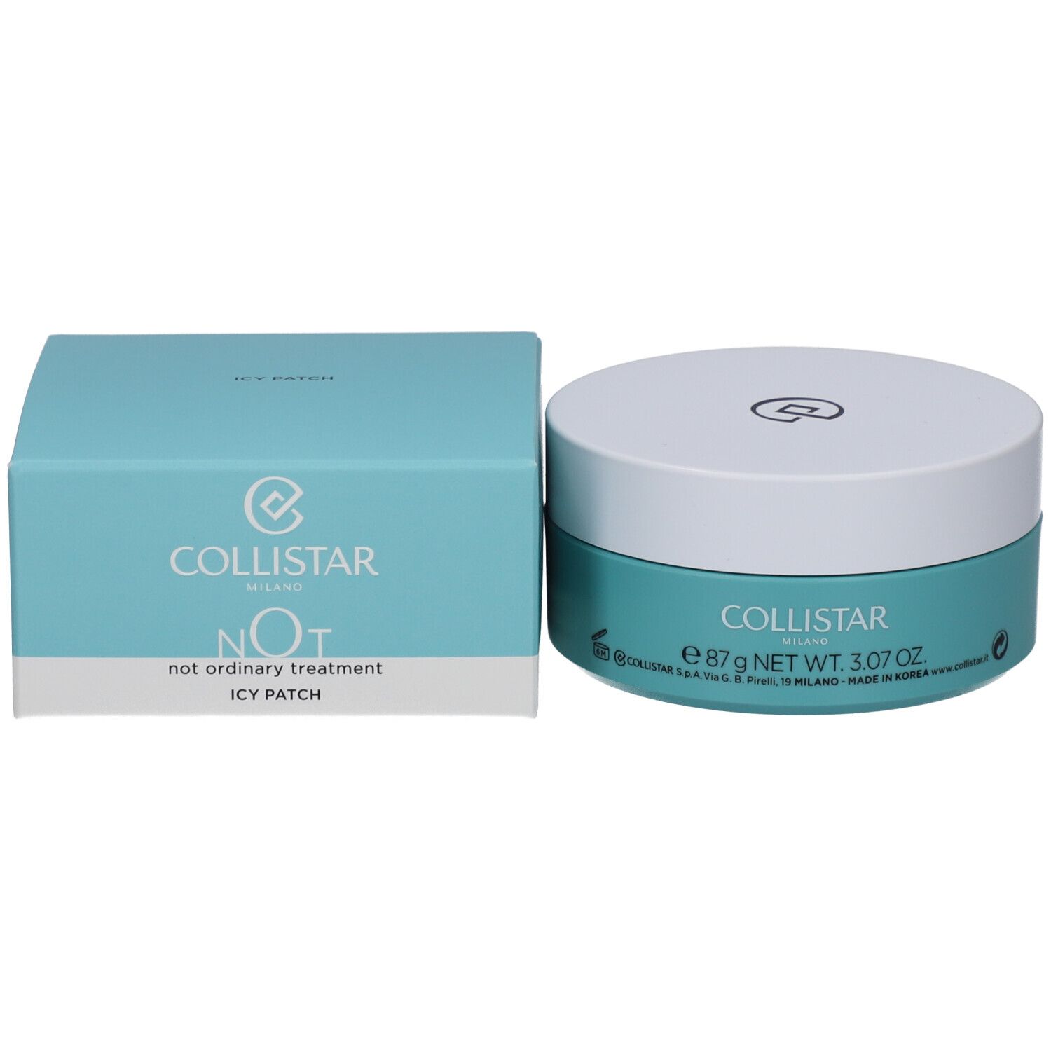 Produktverpackung: Dose und Schachtel. Aufschrift: COLLISTAR, NOT not ordinary treatment Icy Patch.