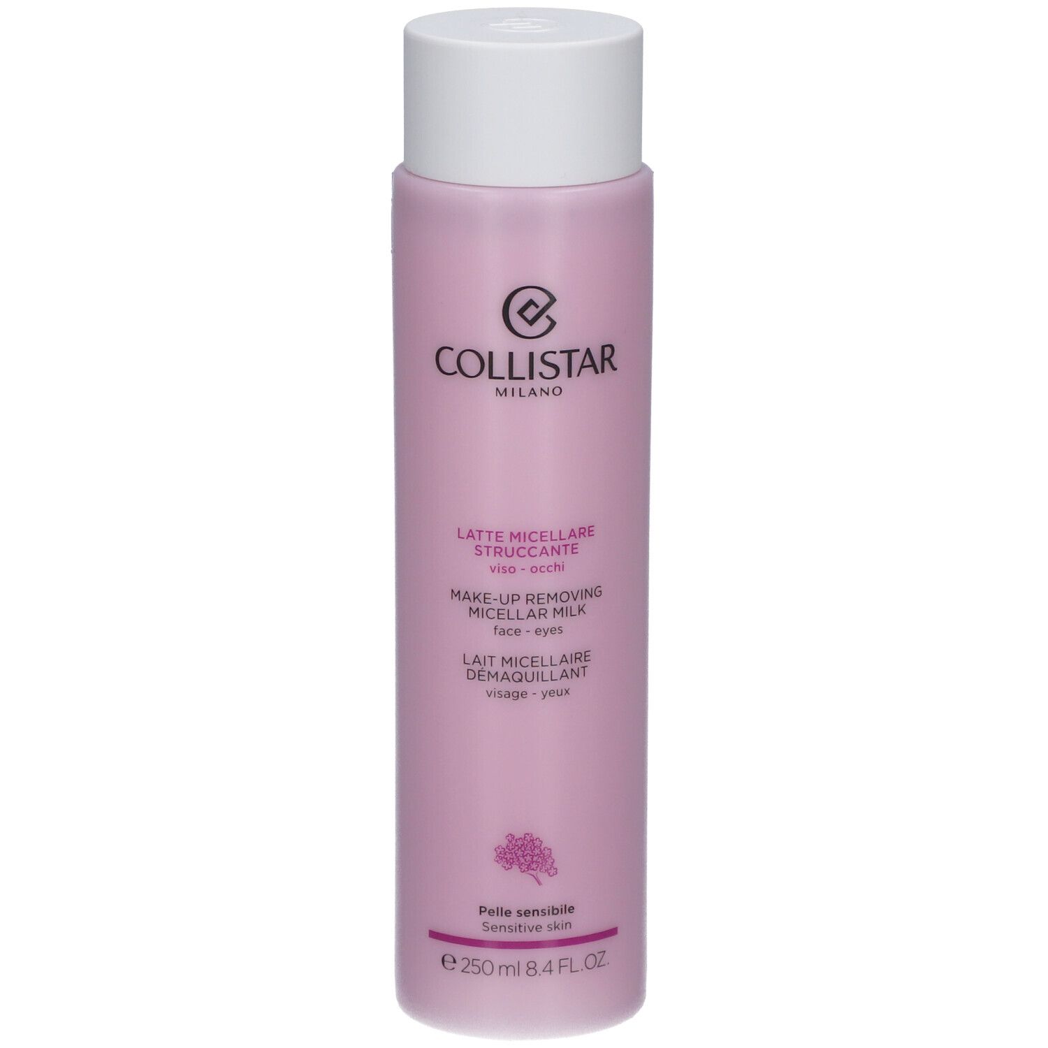 Rosa Flasche mit weißem Deckel. Aufschrift: Collistar Milano, Lait Micellaire Démaquillant. Für empfindliche Haut.