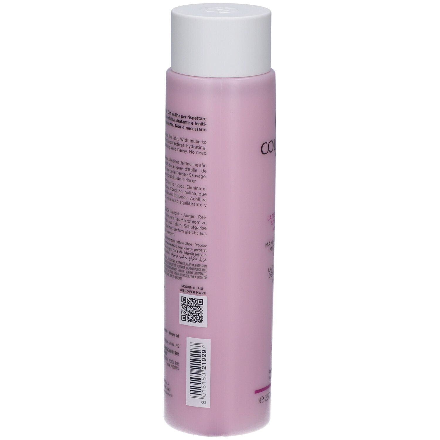 Rückseite der rosa Flasche mit weißem Deckel. Text in mehreren Sprachen. QR-Code und Barcode.