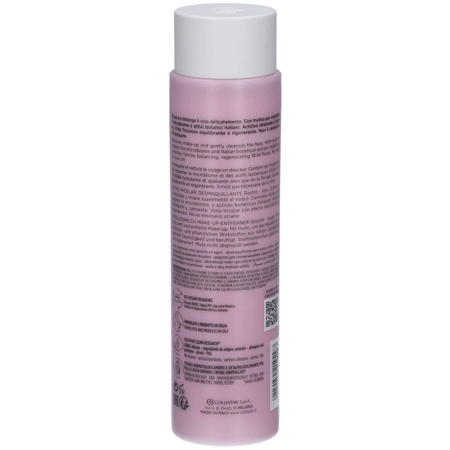 Rückseite der rosa Flasche mit weißem Deckel. Text in mehreren Sprachen. Symbole und QR-Code.