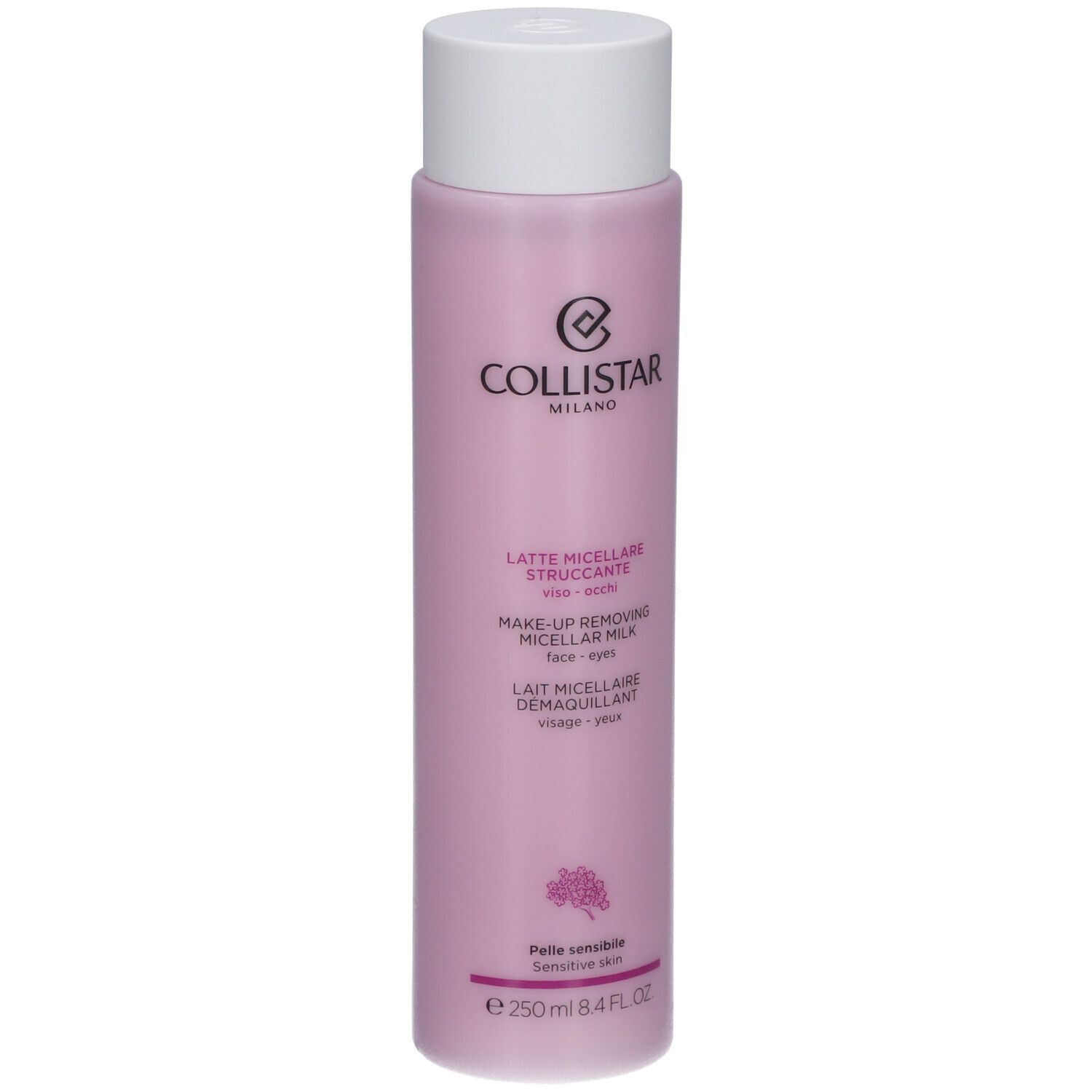 Rosa Flasche mit weißem Deckel. Aufschrift: Collistar Milano, Lait Micellaire Démaquillant. Für empfindliche Haut.