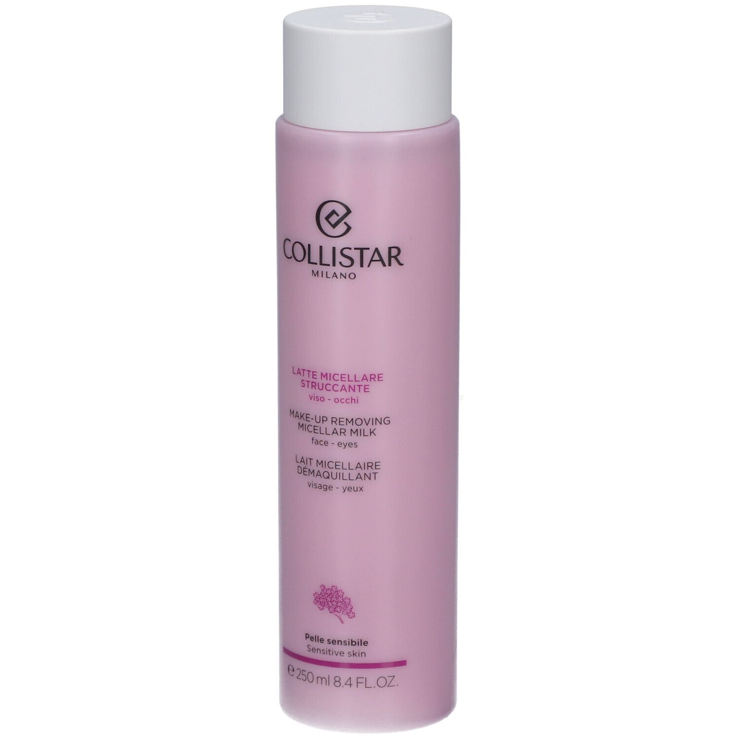 Rosa Flasche mit weißem Deckel. Aufschrift: Collistar Milano, Lait Micellaire Démaquillant. Für empfindliche Haut.