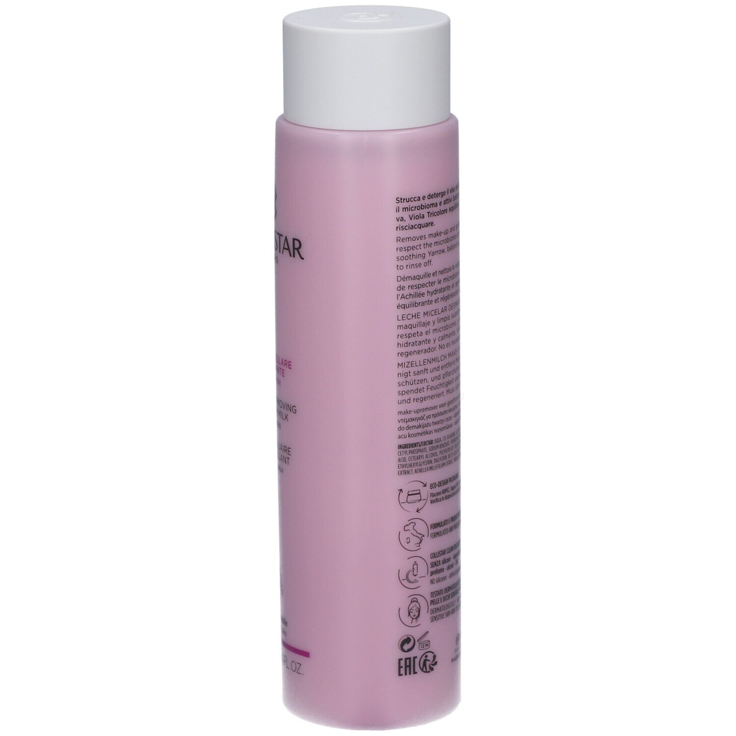 Rückseite der rosa Flasche mit weißem Deckel. Text in mehreren Sprachen. Symbole und QR-Code.