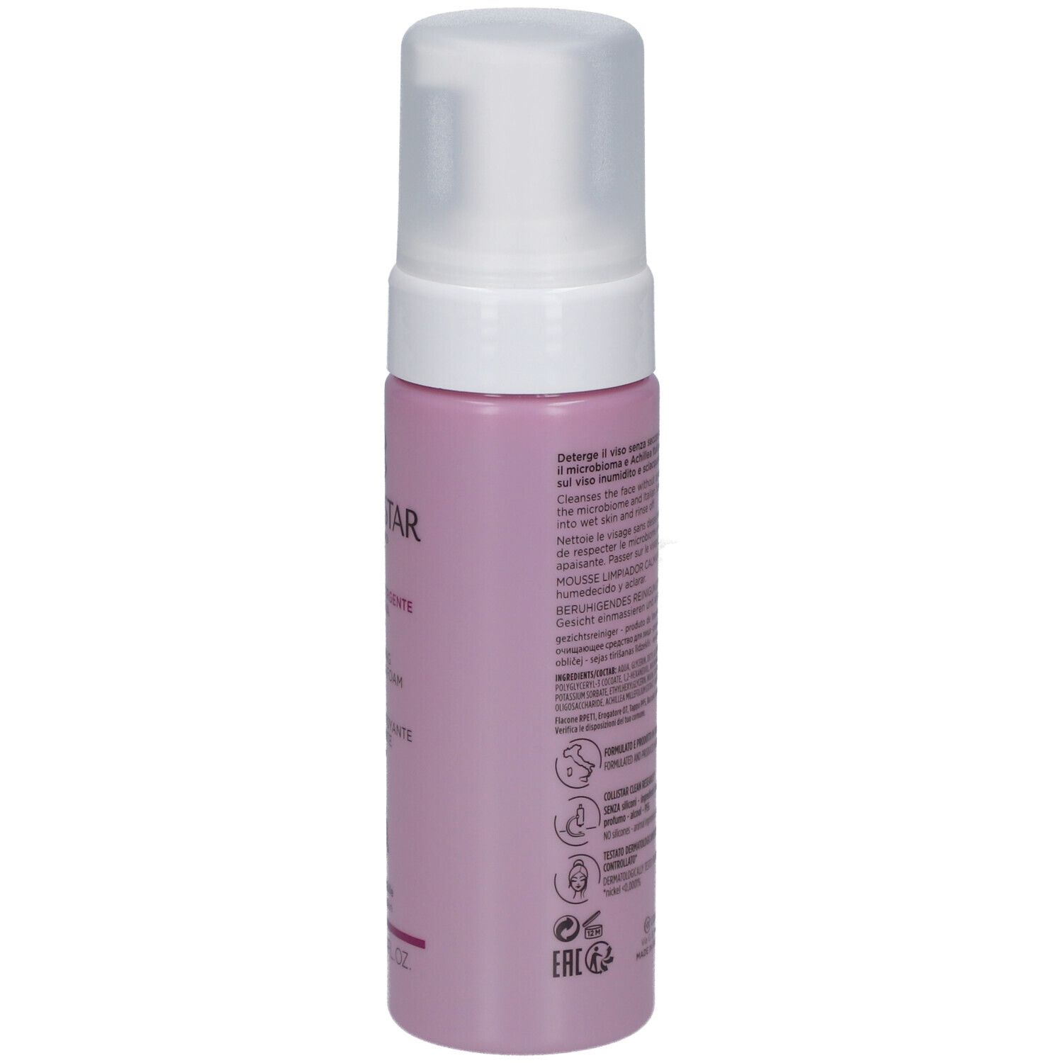 Rückseite einer rosa Flasche mit weißem Spender. Text in mehreren Sprachen, QR-Code.