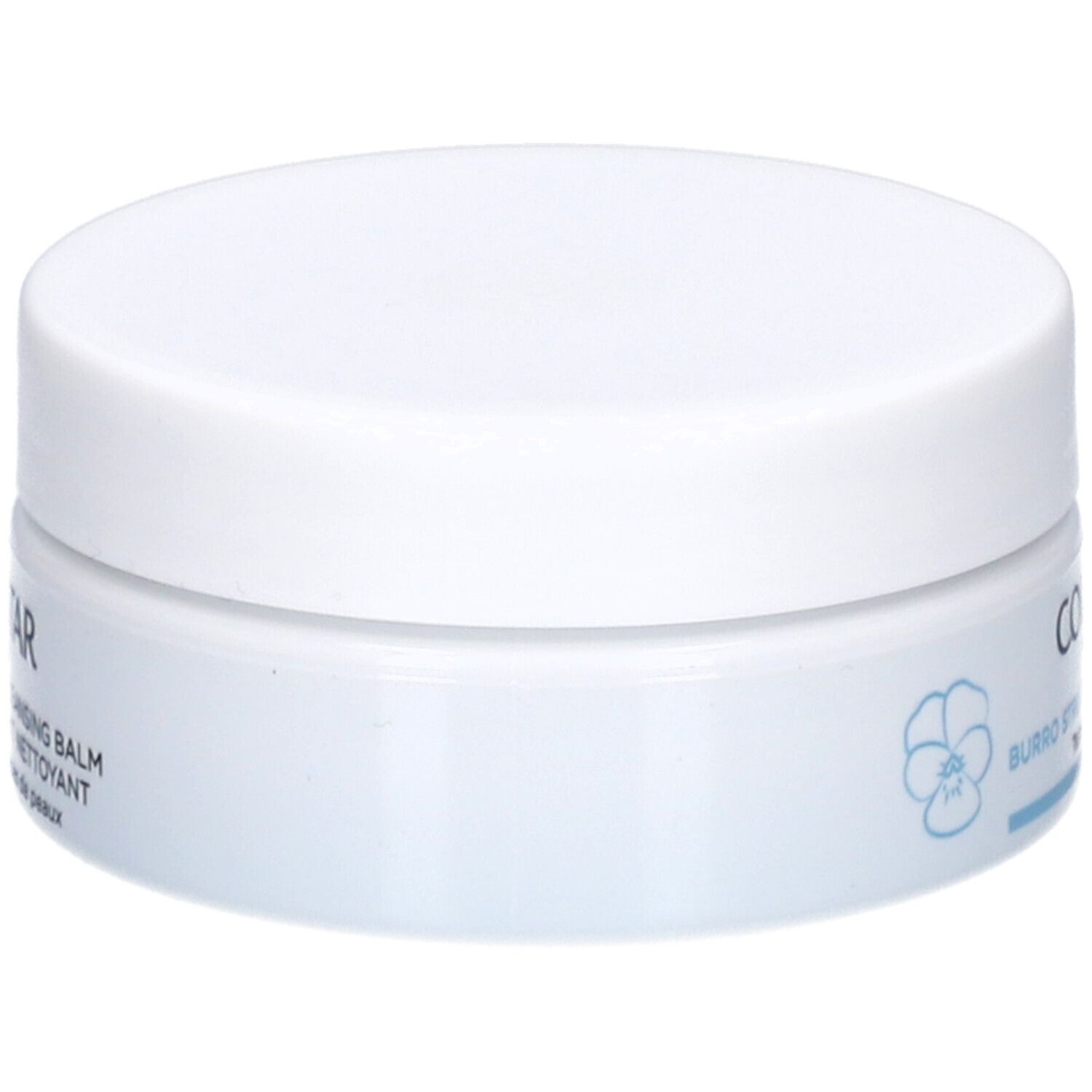 Weißes Tiegel mit Deckel. Aufschrift: COLLISTAR, Cleansing Balm, Baume Nettoyant. Hellblaue Verzierung.