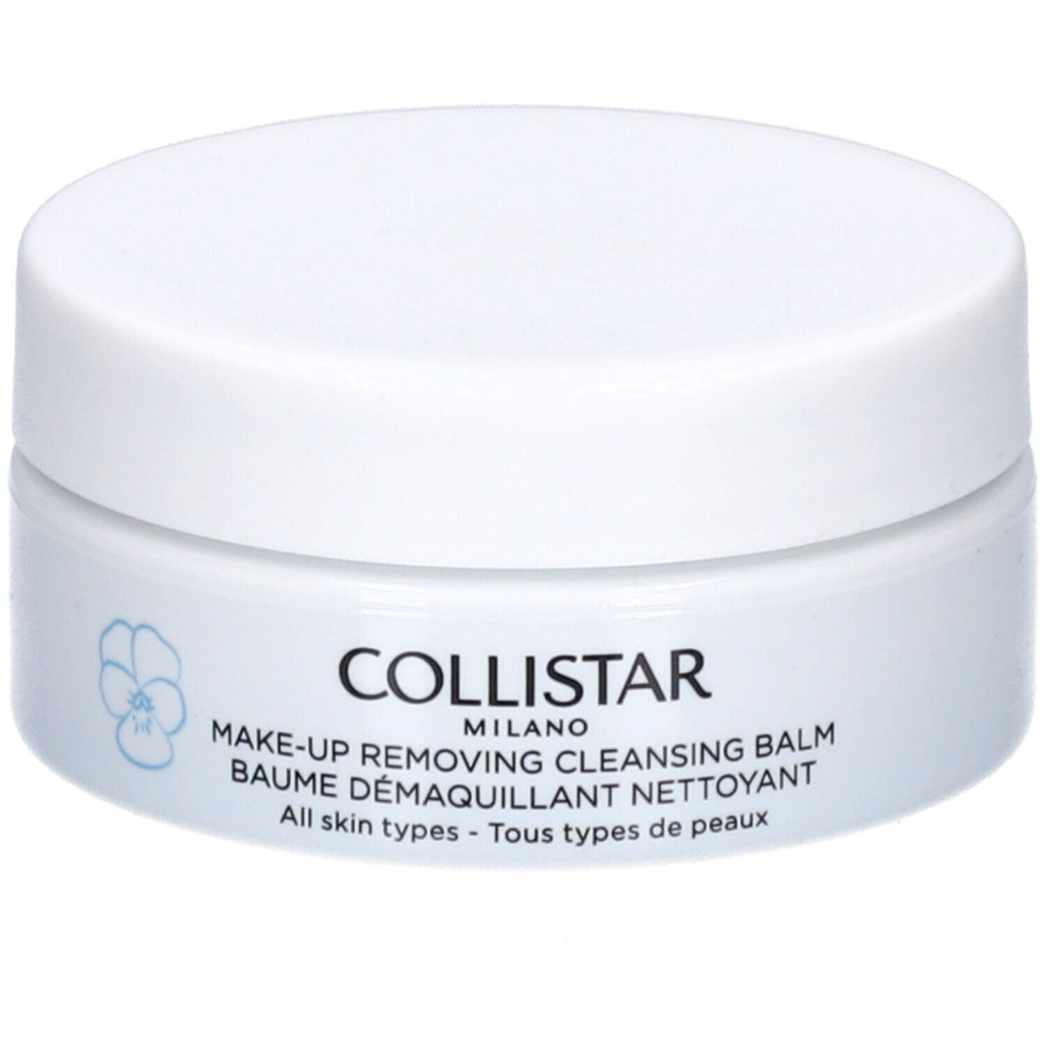 Weißes Tiegel mit Deckel. Aufschrift: COLLISTAR MILANO, MAKE-UP REMOVING CLEANSING BALM, BAUME DÉMAQUILLANT NETTOYANT. Hellblaue Verzierung.
