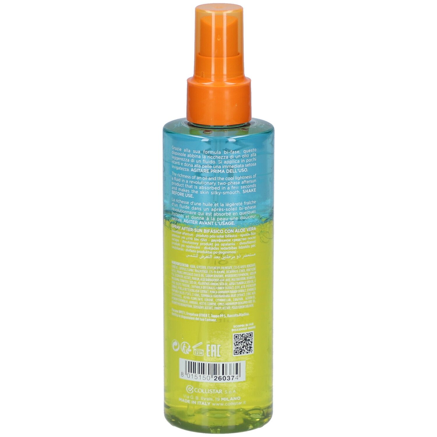 Rückansicht der After-Sun-Spray-Flasche. Blaue und gelbe Flüssigkeit. Text und Barcode.