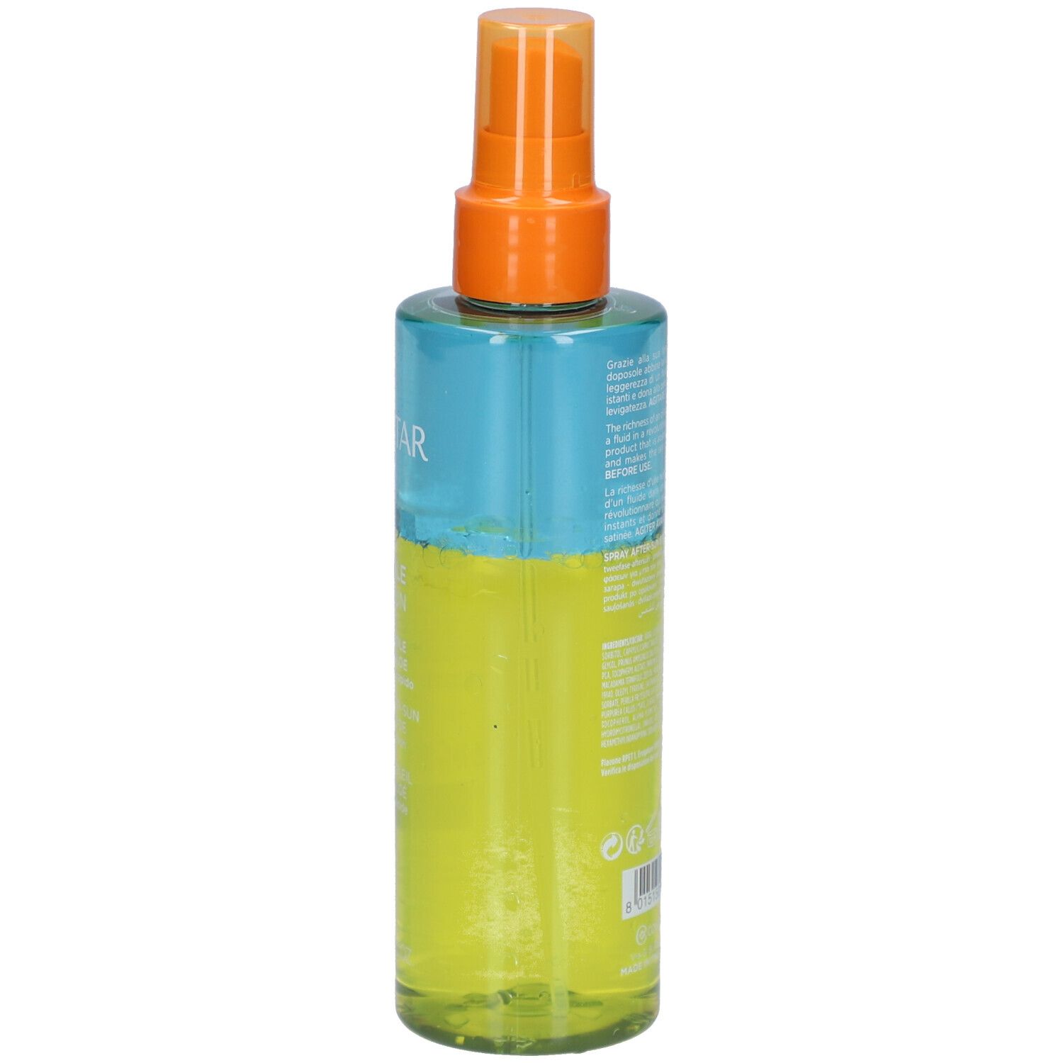 Rückansicht der After-Sun-Spray-Flasche. Blaue und gelbe Flüssigkeit. Text auf der Rückseite.