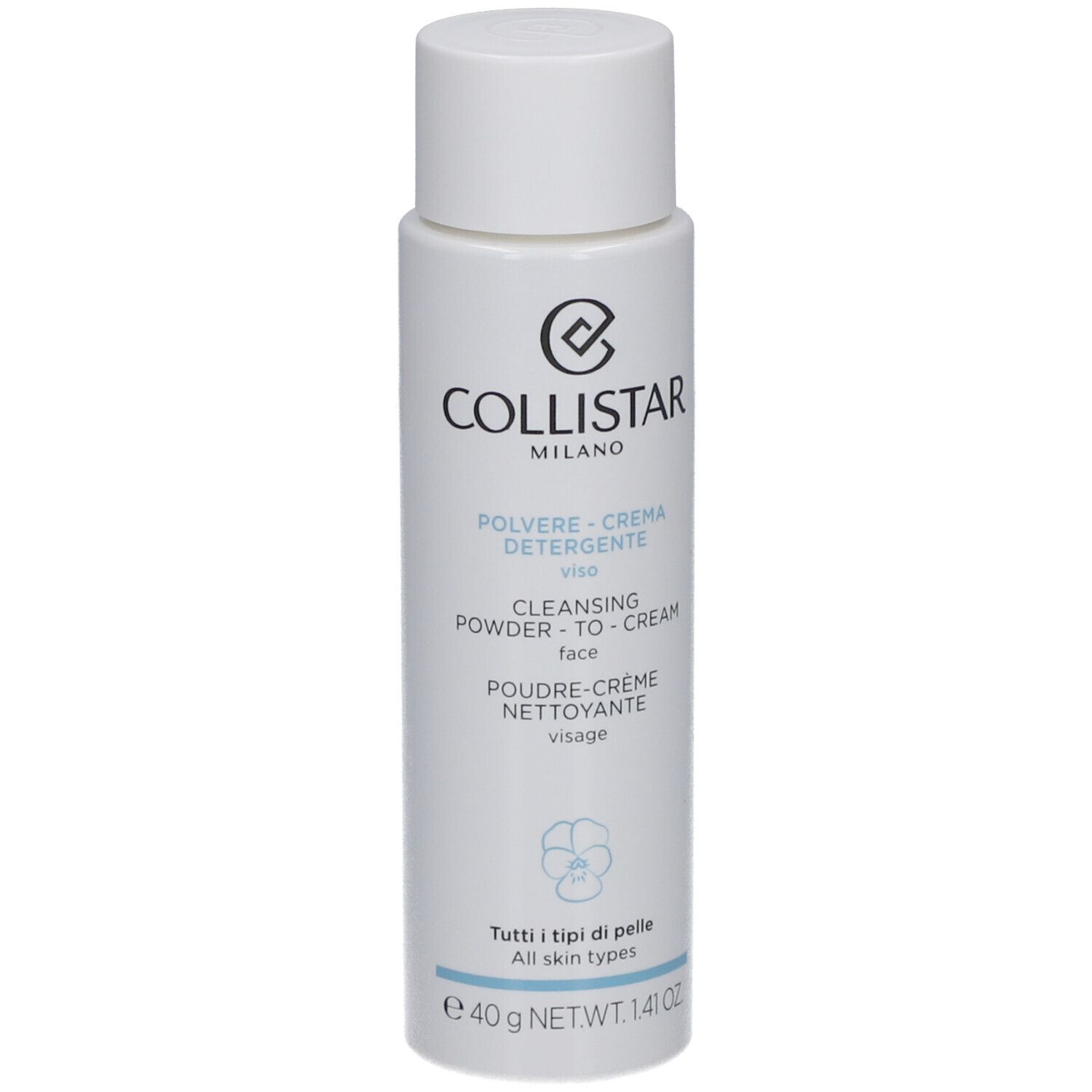 Flacon blanc avec bouchon. Inscription : Collistar Milano, Poudre-Crème Nettoyante Visage, 40 g.