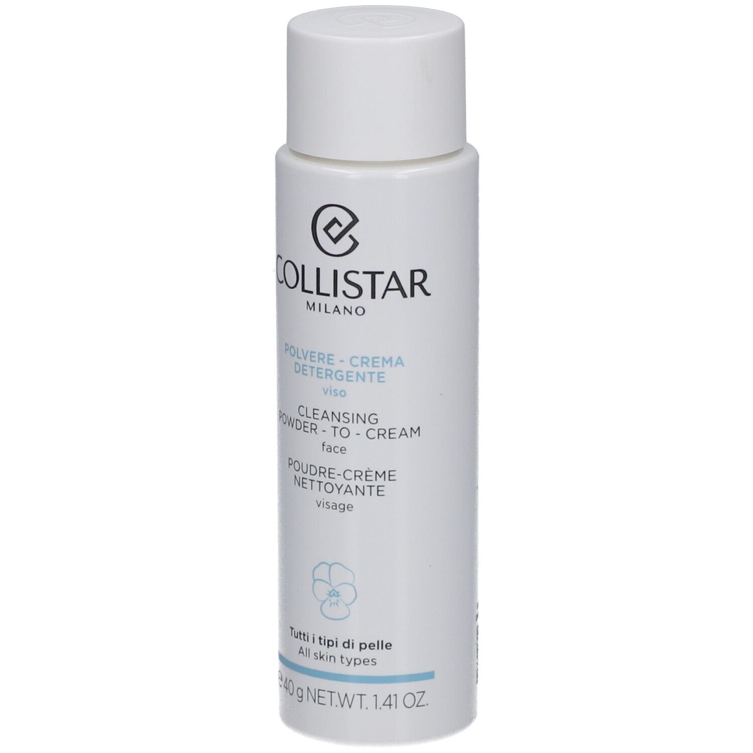 Flacon blanc avec bouchon. Inscription : Collistar Milano, Poudre-Crème Nettoyante Visage, 40 g.