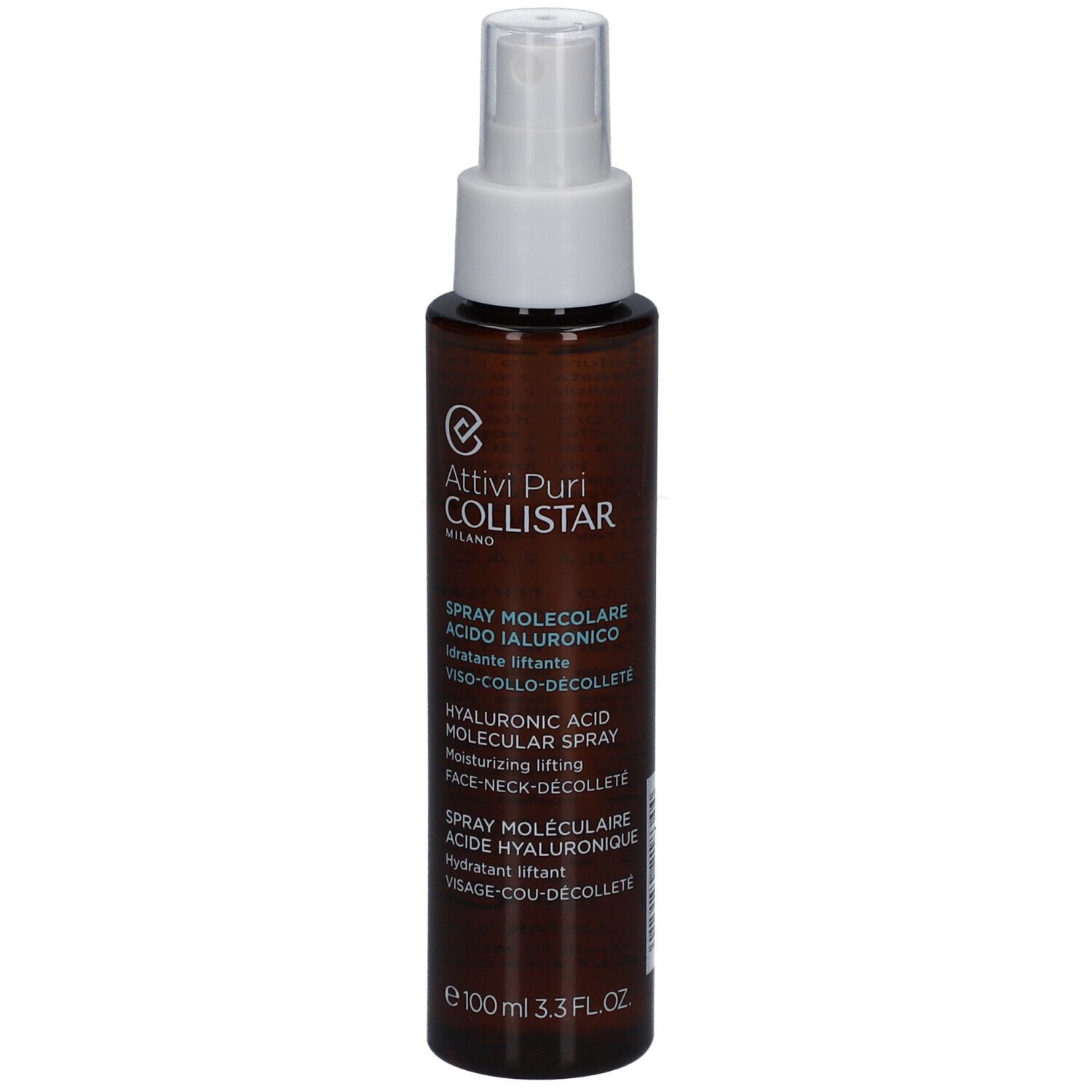 Braune Sprühflasche mit weißem Sprühkopf. Aufschrift: Collistar, Spray Moléculaire Acide Hyaluronique.