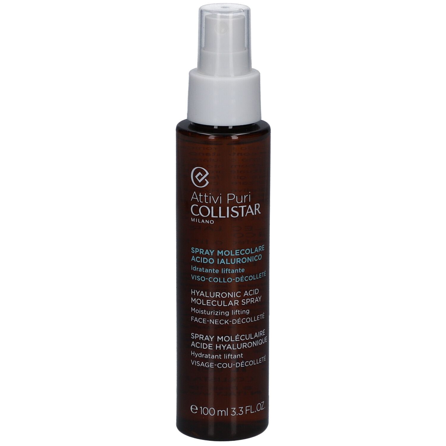 Braune Sprühflasche mit weißem Sprühkopf. Aufschrift: Collistar, Spray Moléculaire Acide Hyaluronique.