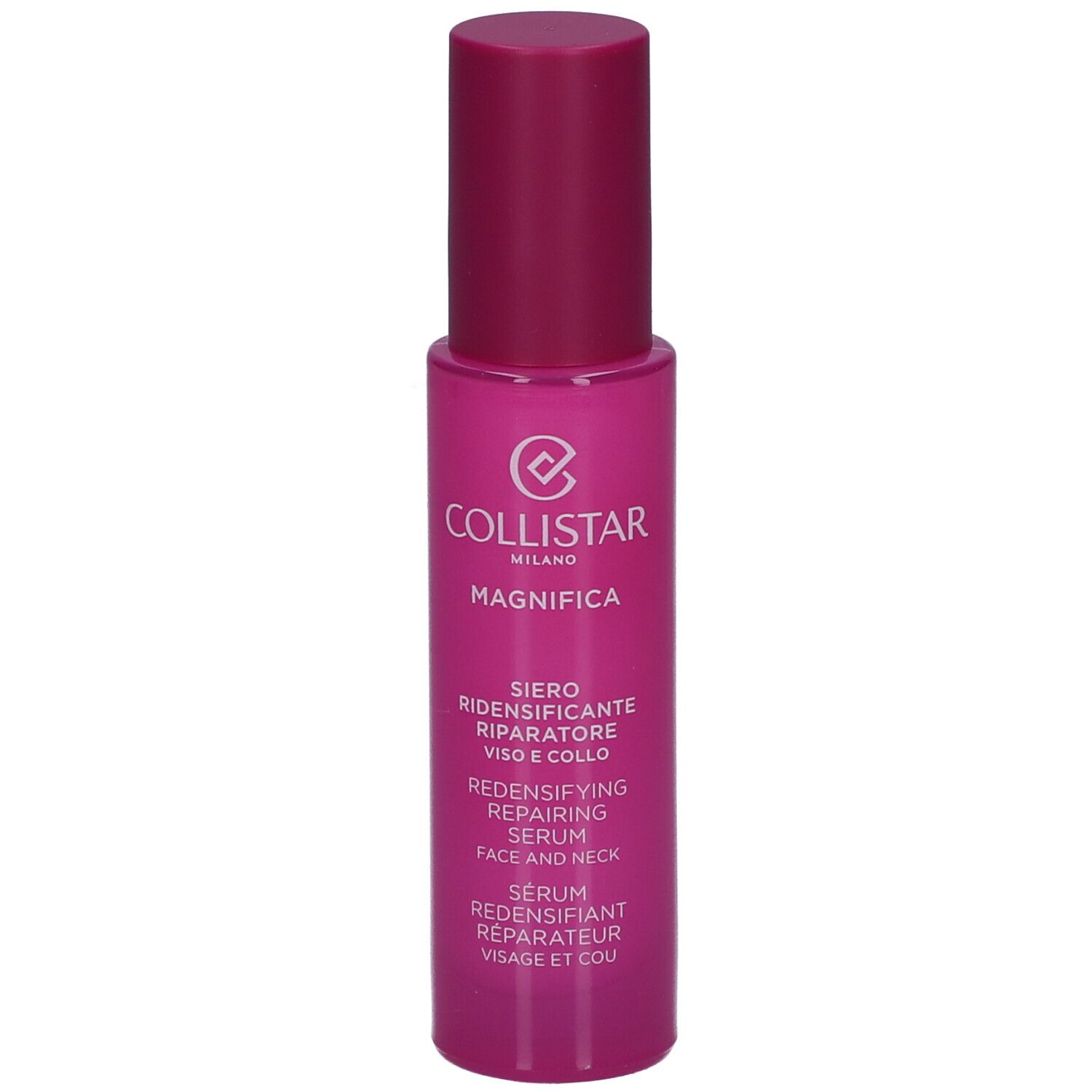 Rosa Flasche mit Serum. Aufschrift: Collistar, Magnifica, Serum für Gesicht und Hals.