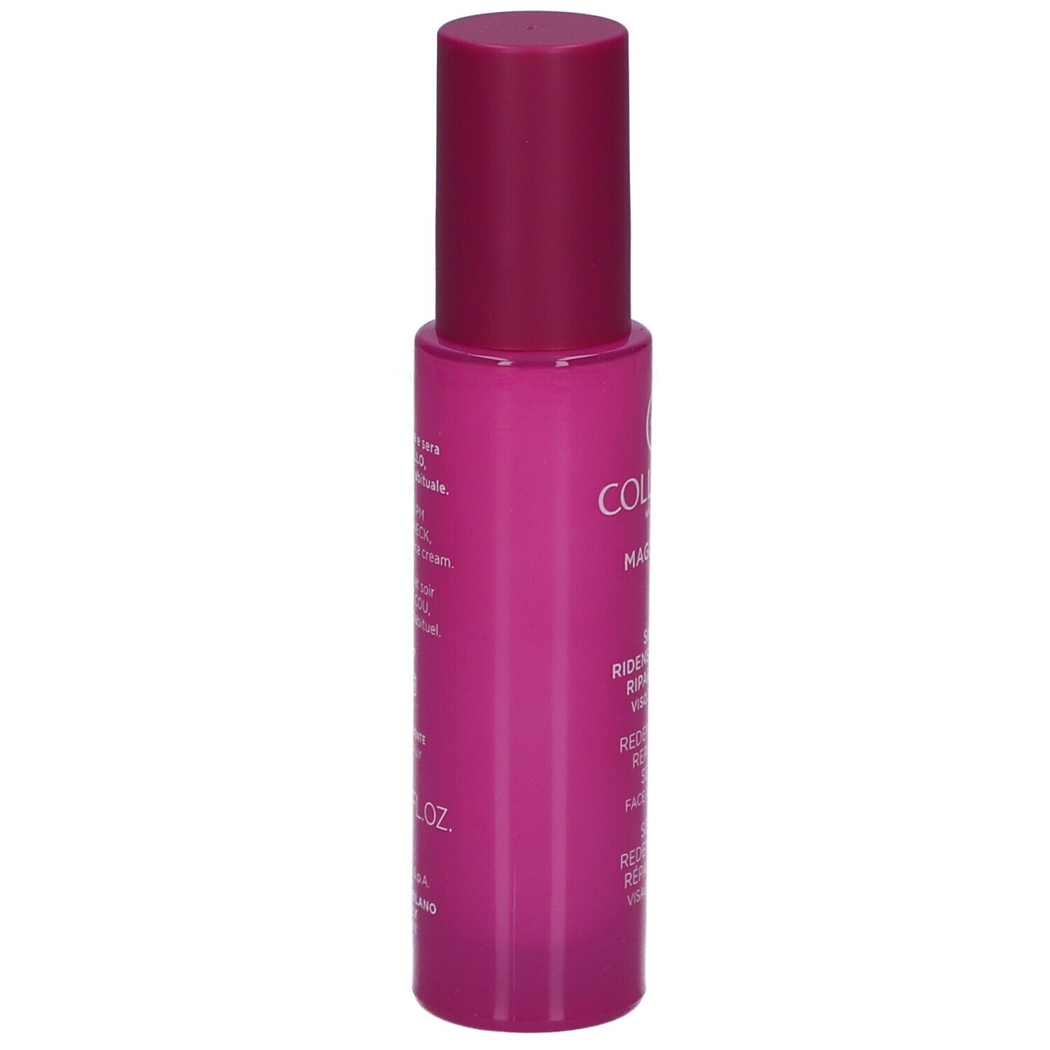 Rückseite einer rosa Serumflasche. Text: Collistar, Magnifica, Siero, Redensifying Repairing Serum.