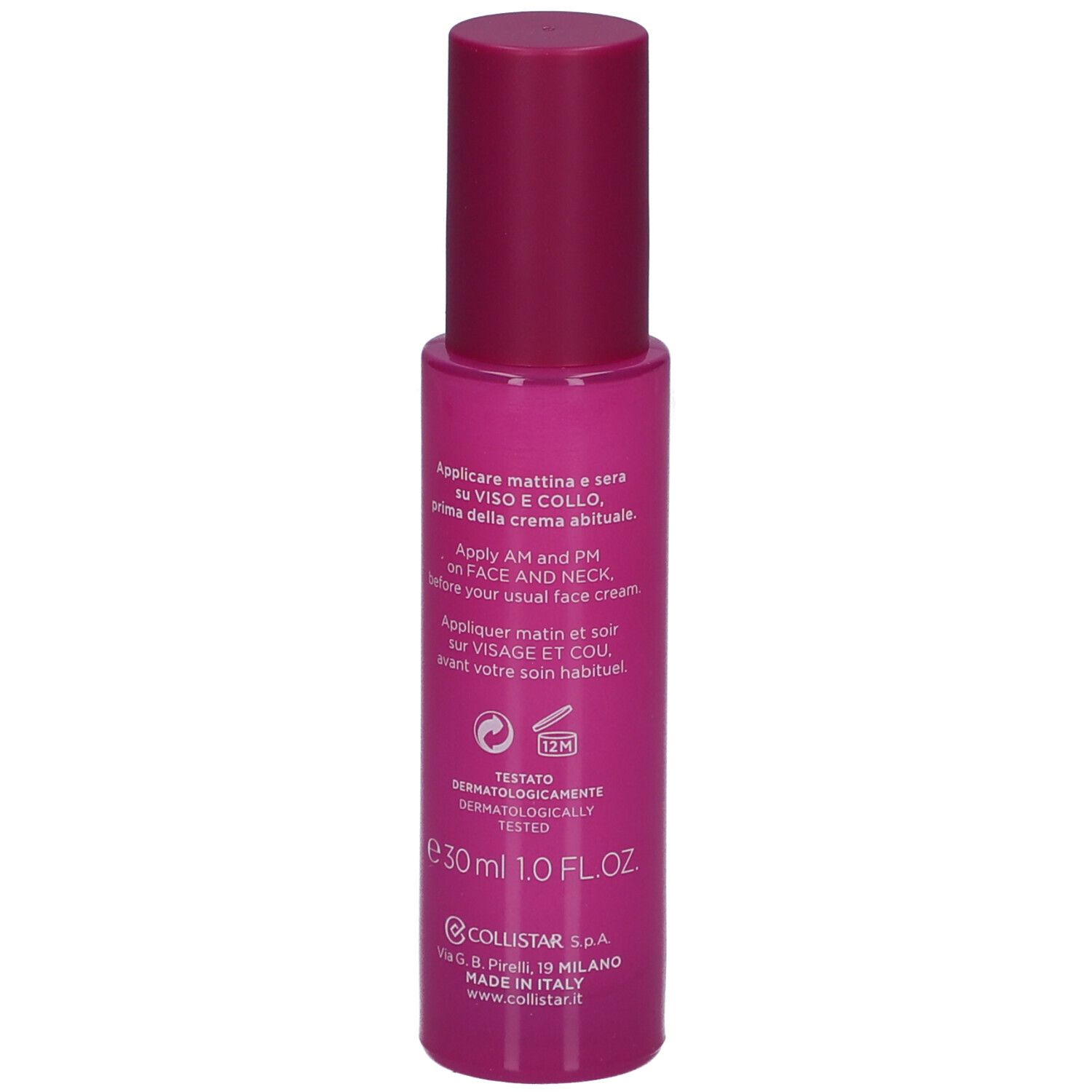 Rosa Serumflasche. Text: Anwendung morgens und abends, 30ml, Collistar, Made in Italy.