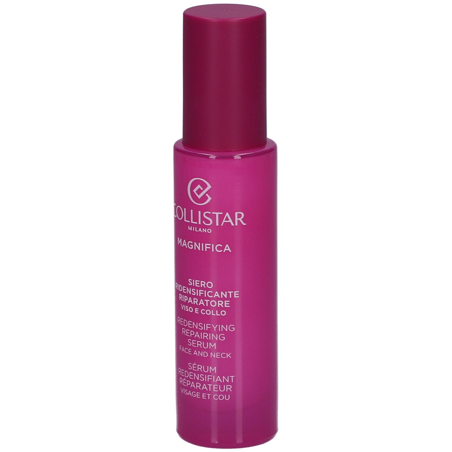 Rosa Serumflasche. Text: Collistar, Magnifica, Siero, Redensifying Repairing Serum, 30ml.