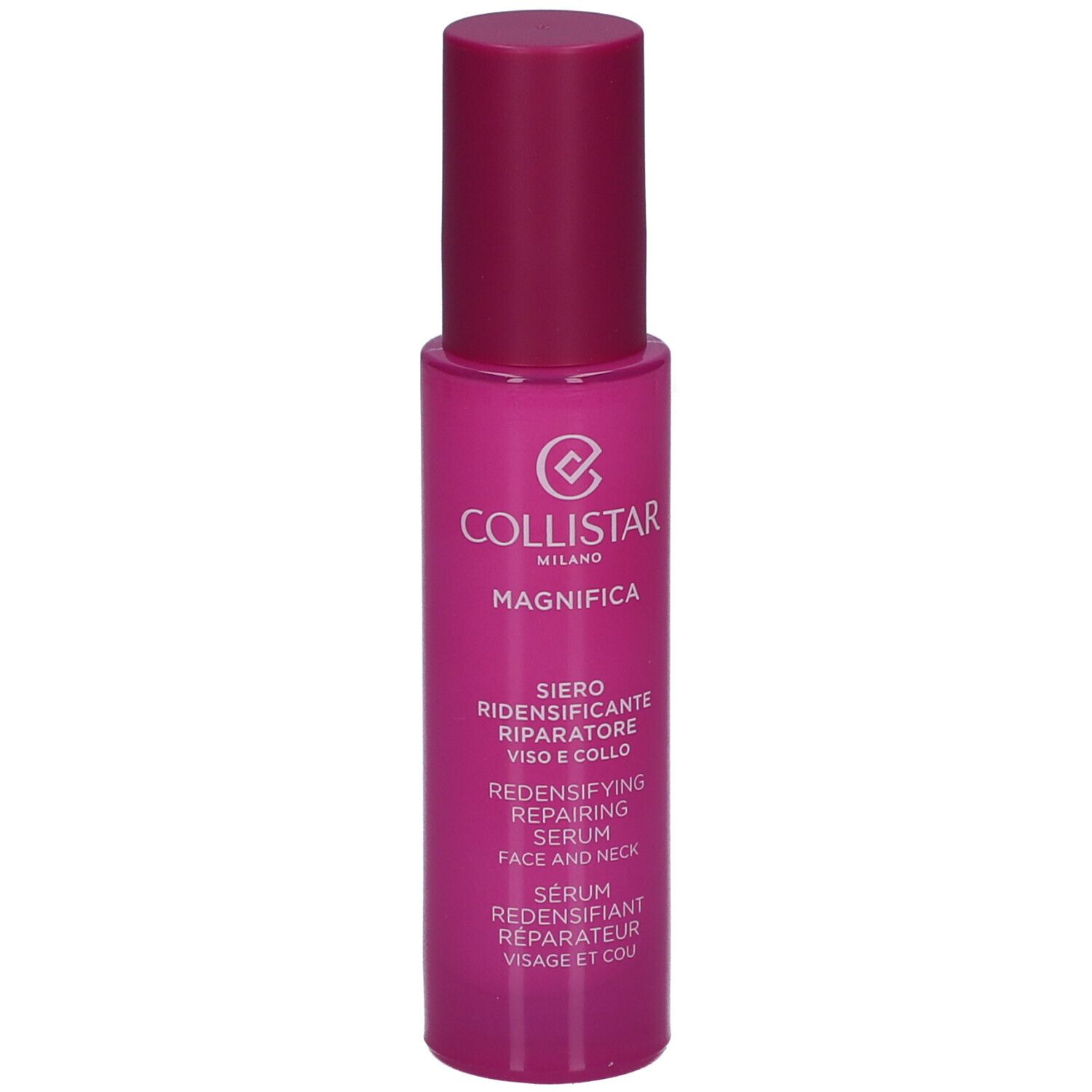 Rosa Serumflasche. Text: Collistar, Magnifica, Siero, Redensifying Repairing Serum, 30ml.