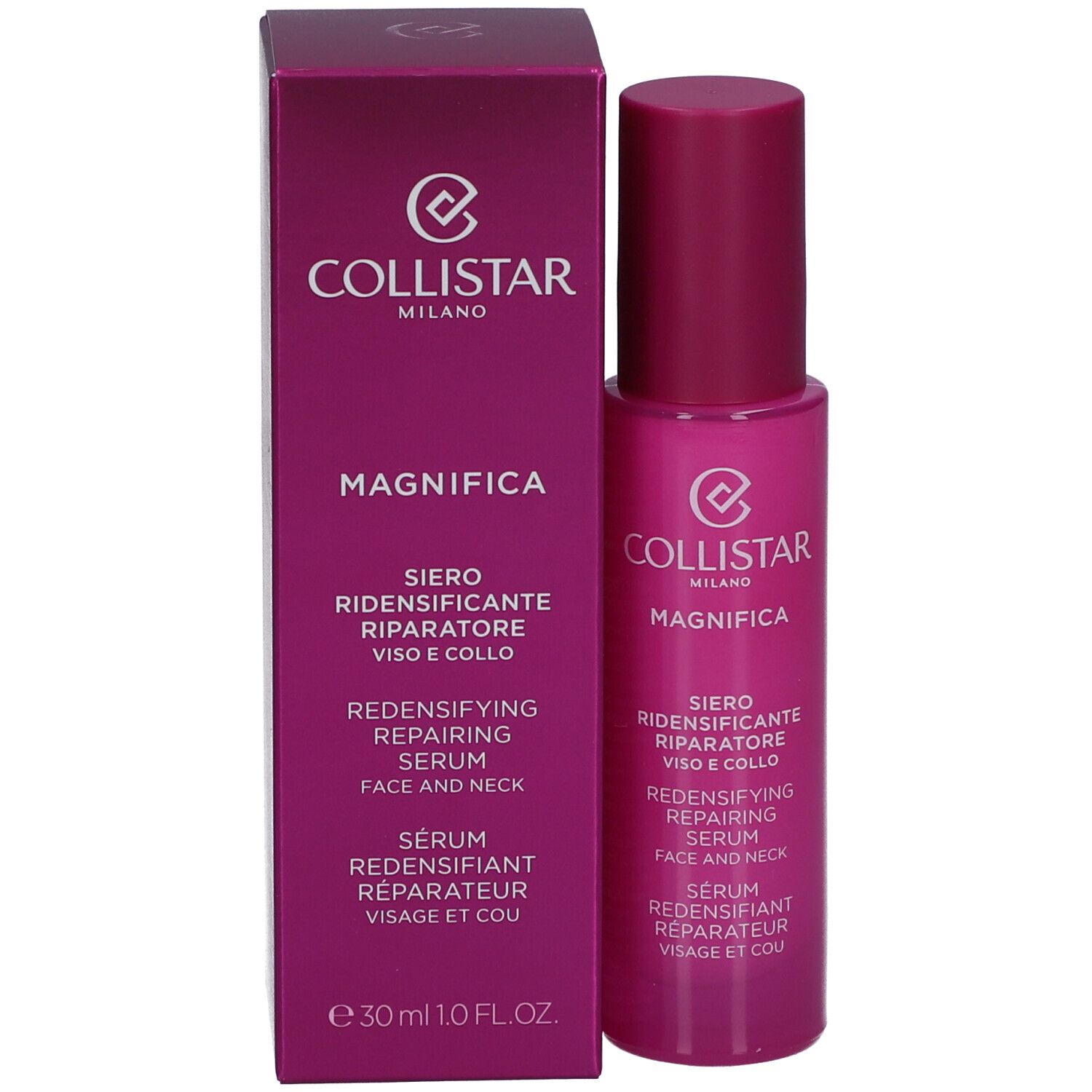 Produktverpackung und Flasche. Text: Collistar, Magnifica, Siero, Redensifying Repairing Serum, 30ml.