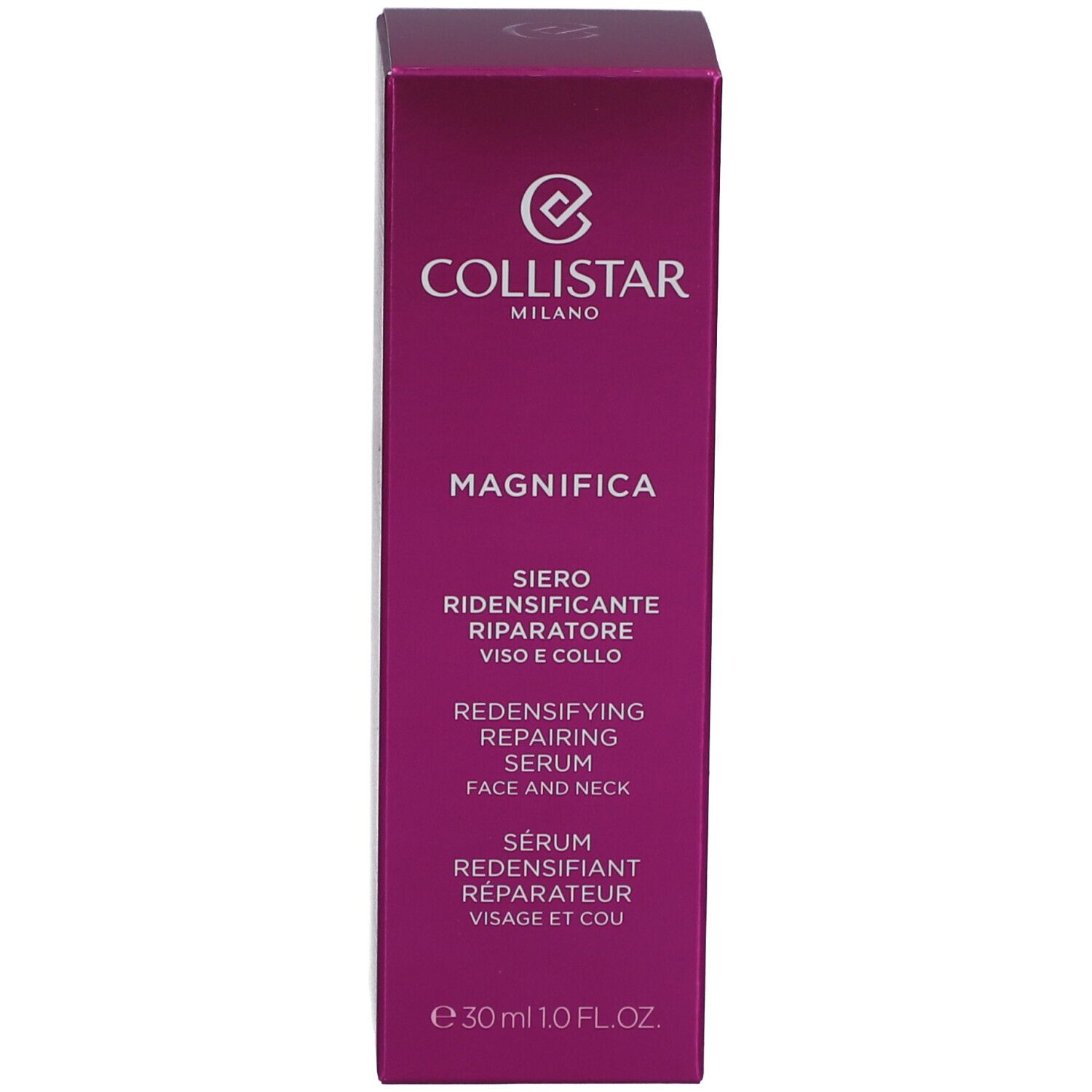 Produktverpackung. Text: Collistar, Magnifica, Siero, Redensifying Repairing Serum, 30ml.