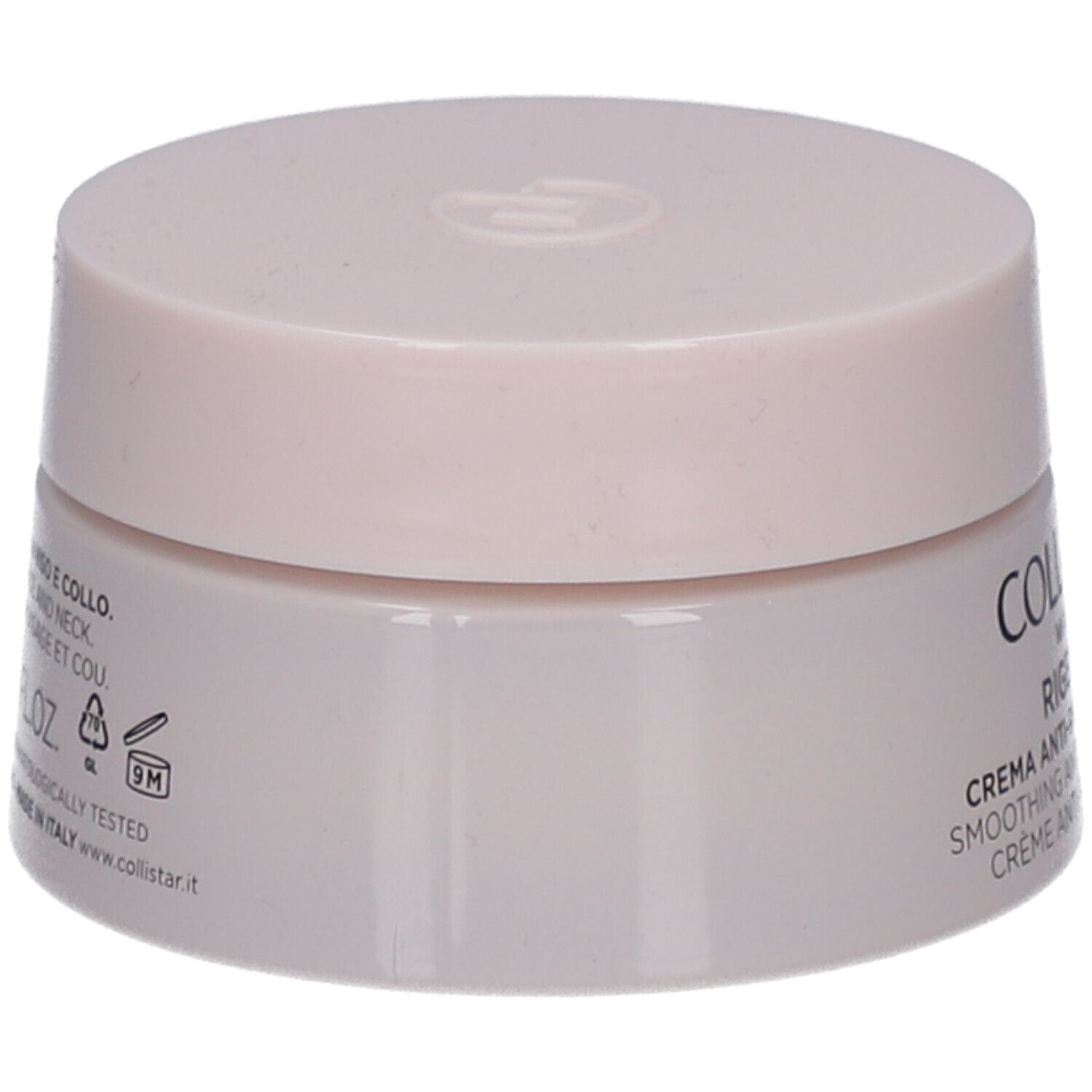 Creme-Tiegel mit Deckel. Aufschrift: Collistar Milano, Rigenera, Anti-Falten-Creme. Rosa-Beige Farbton.