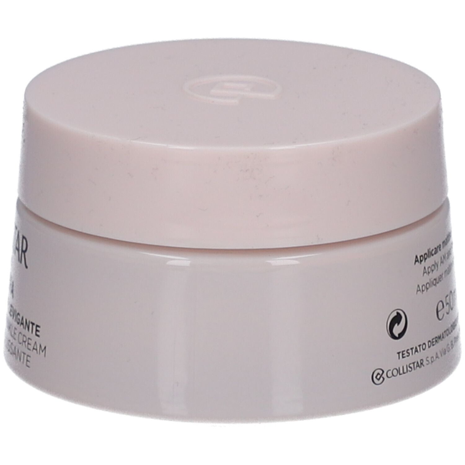 Creme-Tiegel mit Deckel. Aufschrift: Collistar Milano, Rigenera, Anti-Falten-Creme. Rosa-Beige Farbton.