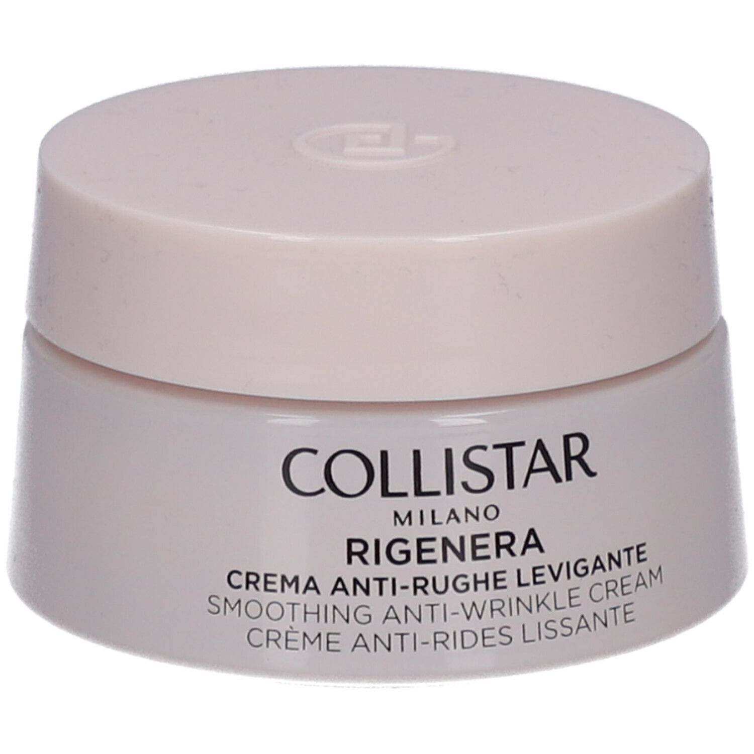 Creme-Tiegel mit Deckel. Aufschrift: Collistar Milano, Rigenera, Anti-Falten-Creme. Rosa-Beige Farbton.