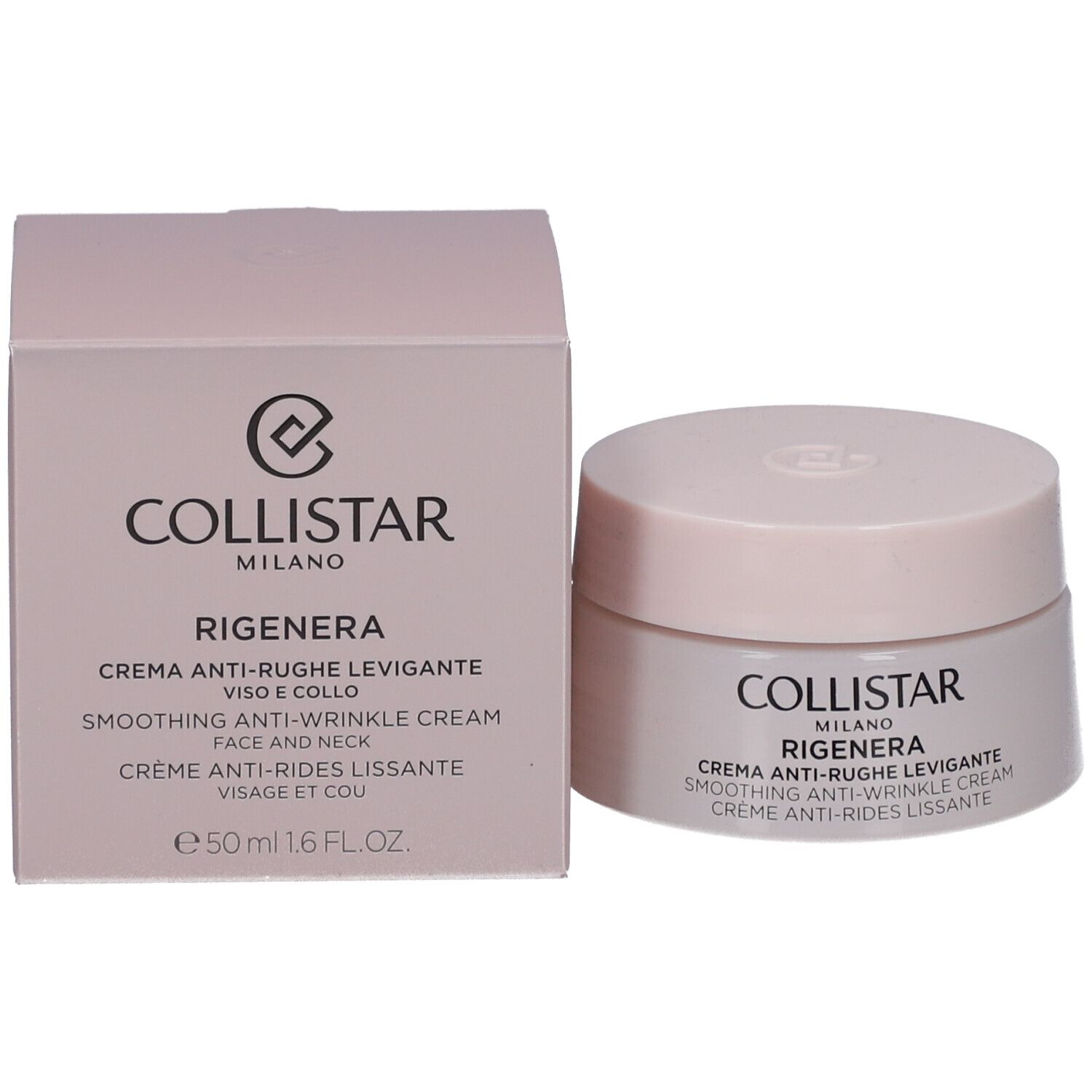 Creme-Tiegel und Verpackung. Aufschrift: Collistar Milano, Rigenera, Anti-Falten-Creme. Rosa-Beige Farbton.