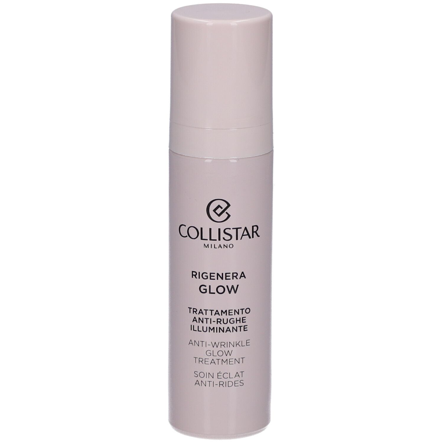 Beige Flasche mit Deckel. Aufschrift: Collistar Milano, Rigenera Glow, Anti-Wrinkle Glow Treatment.