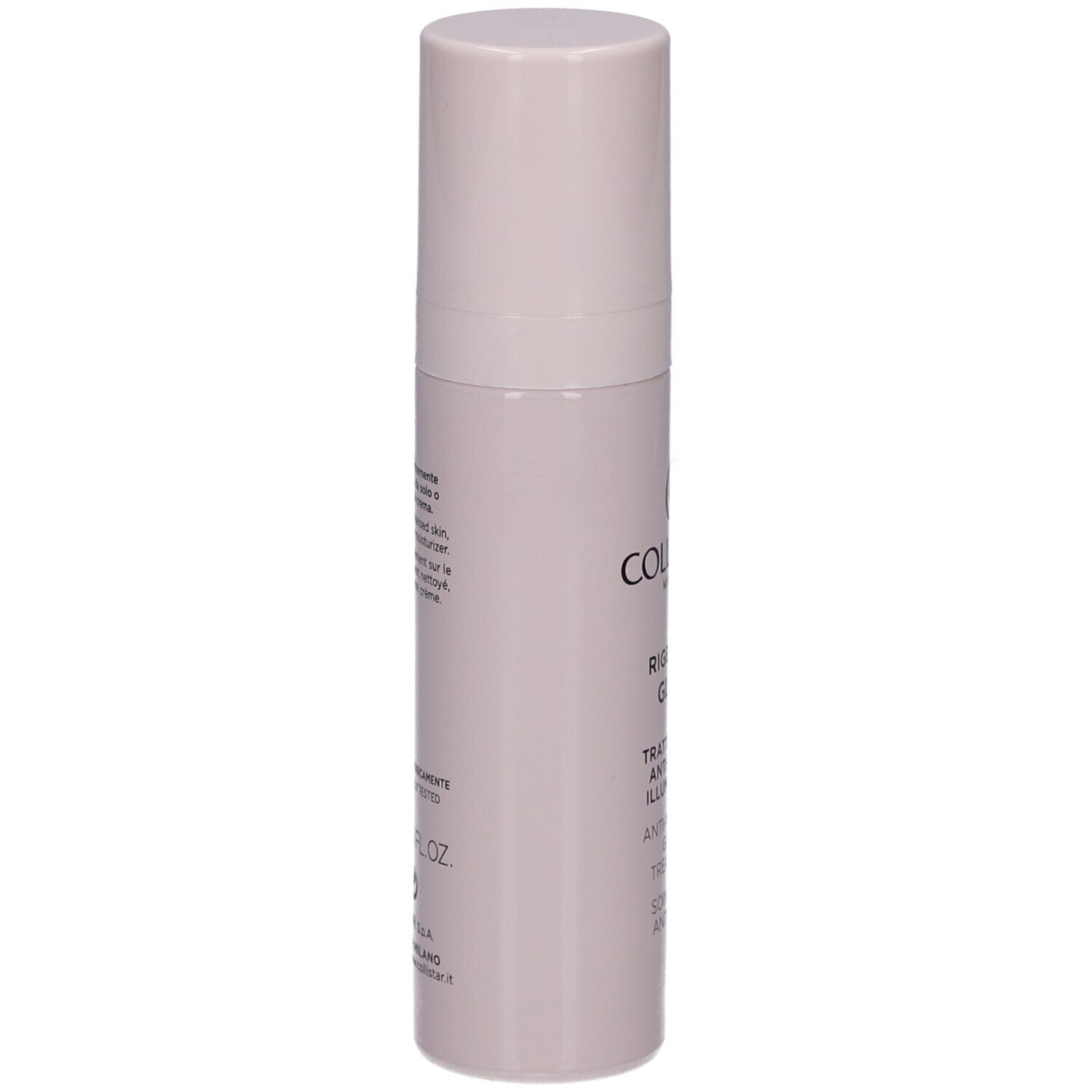 Beige Flasche mit Deckel. Aufschrift: Collistar Milano, Rigenera Glow, Anti-Wrinkle Glow Treatment.