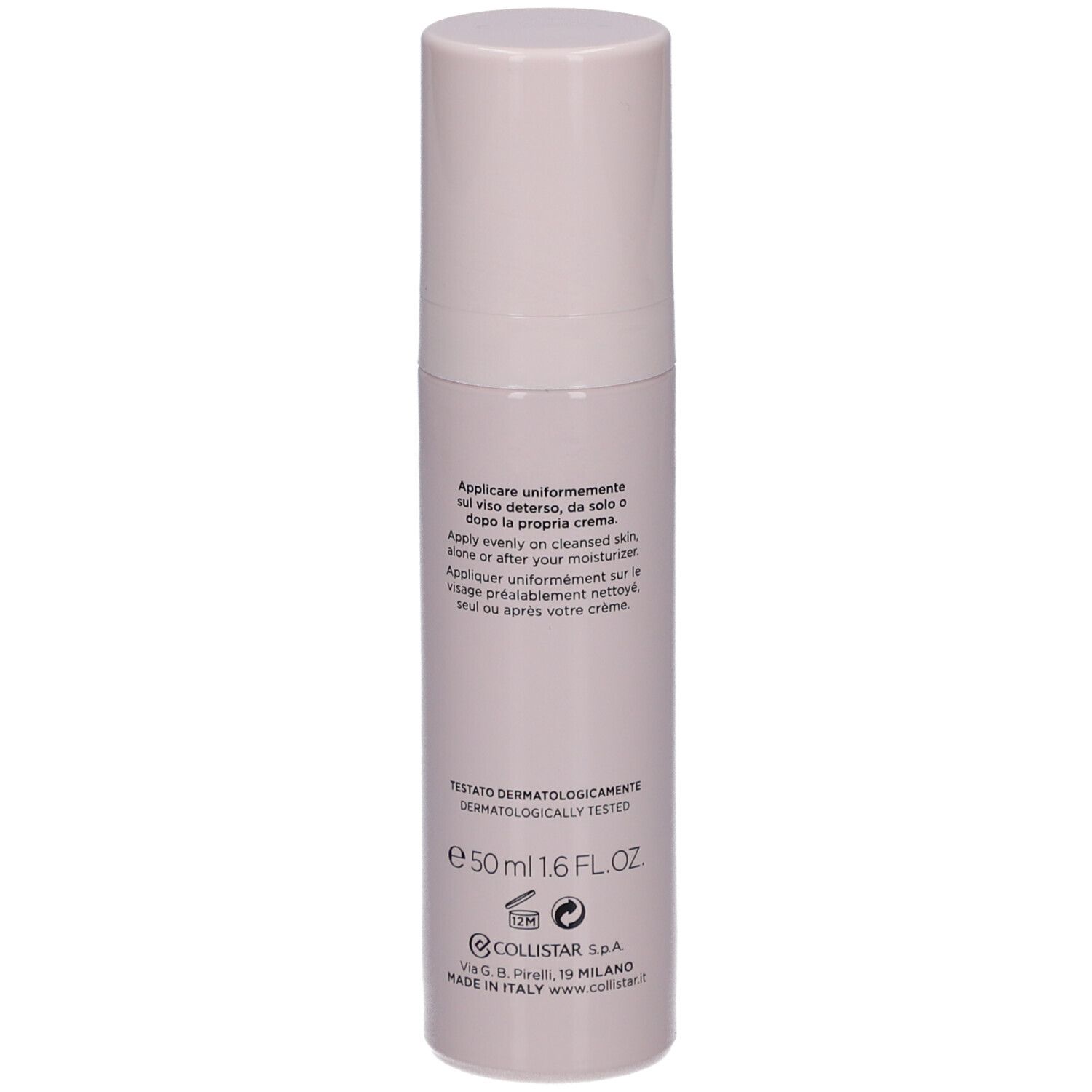 Beige Flasche mit Deckel. Aufschrift: Collistar Milano, Rigenera Glow, Anti-Wrinkle Glow Treatment.