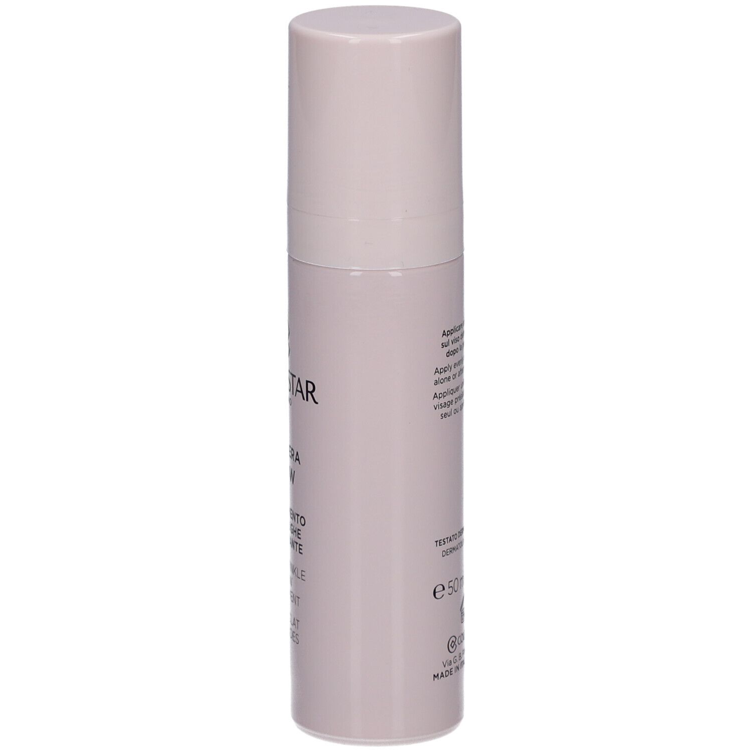 Beige Flasche mit Deckel. Aufschrift: Collistar Milano, Rigenera Glow, Anti-Wrinkle Glow Treatment.