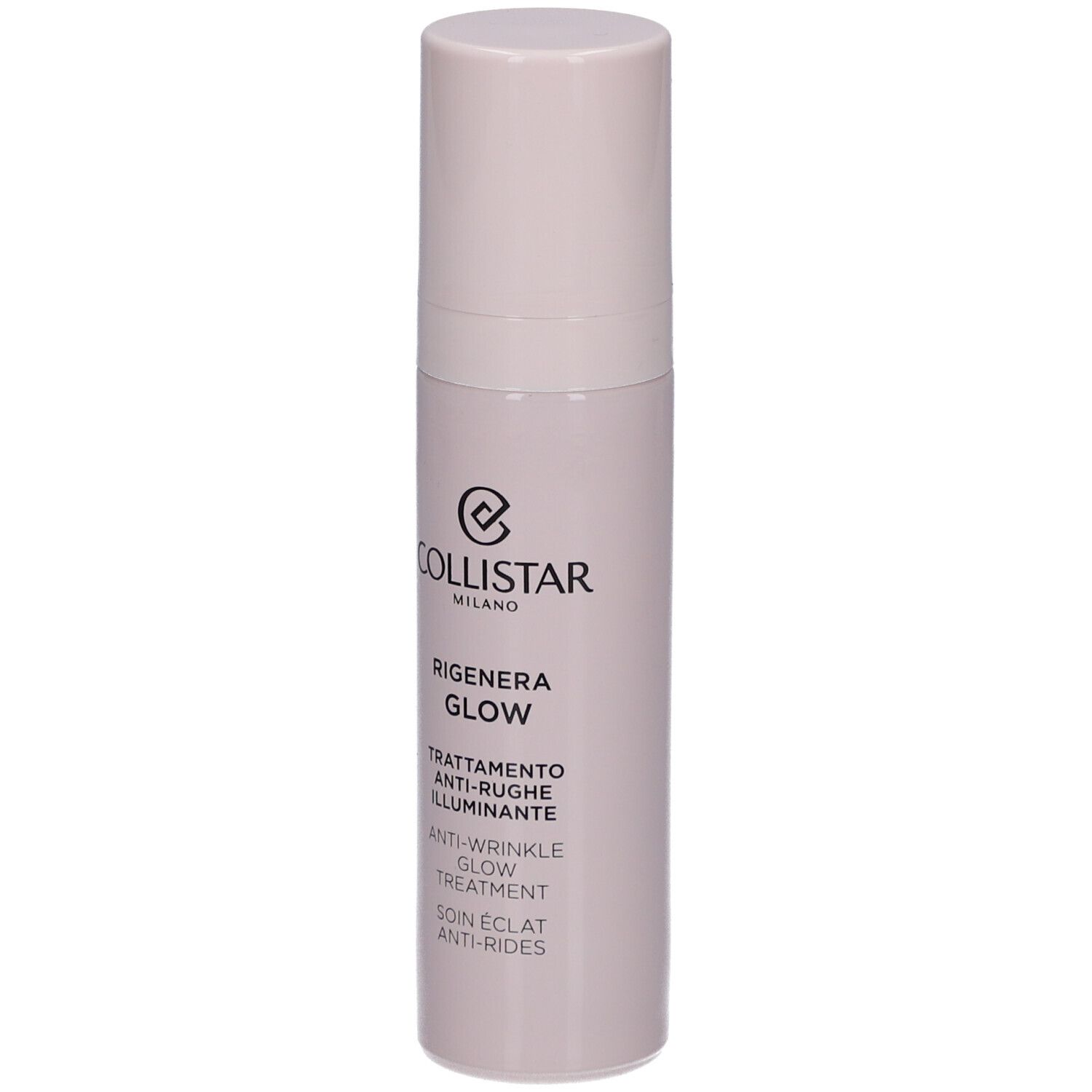 Beige Flasche mit Deckel. Aufschrift: Collistar Milano, Rigenera Glow, Anti-Wrinkle Glow Treatment.