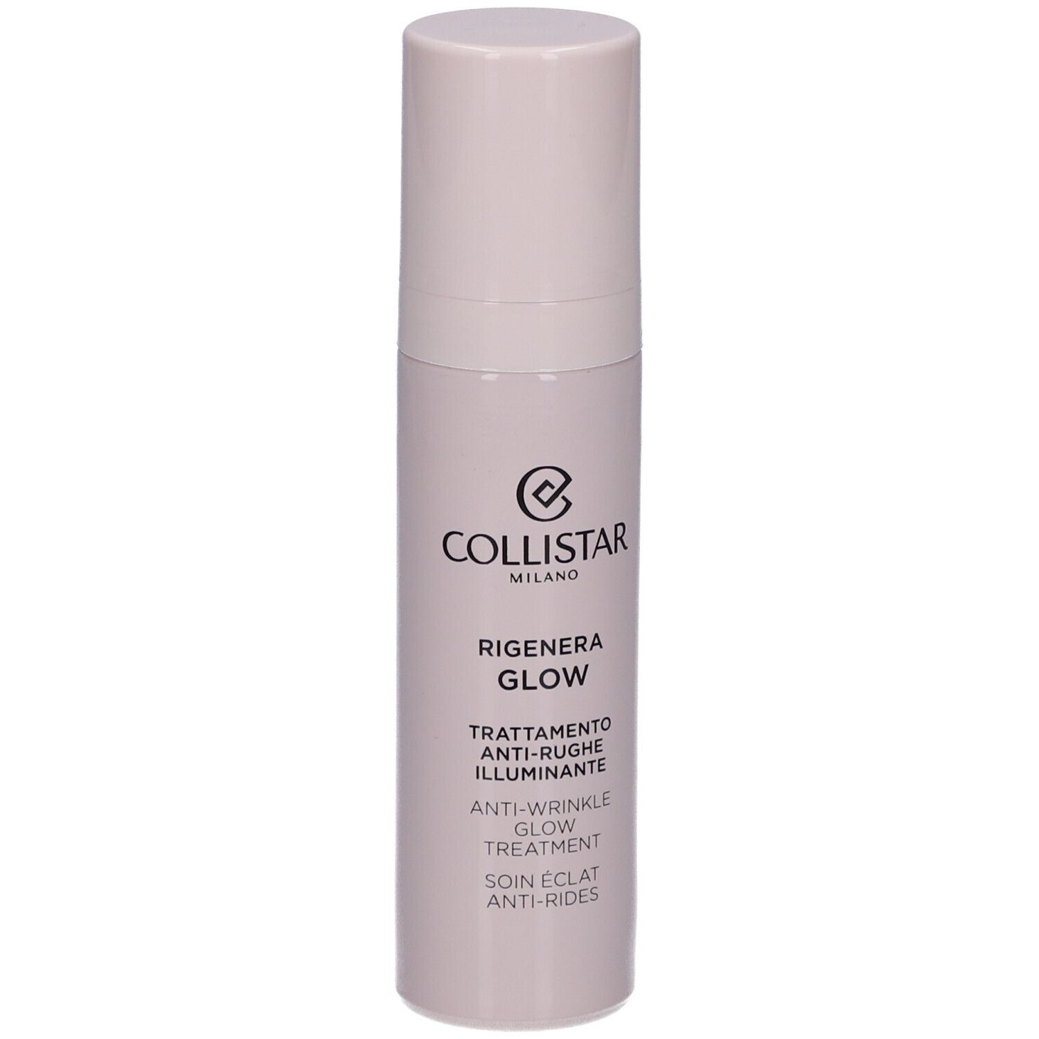 Beige Flasche mit Deckel. Aufschrift: Collistar Milano, Rigenera Glow, Anti-Wrinkle Glow Treatment.