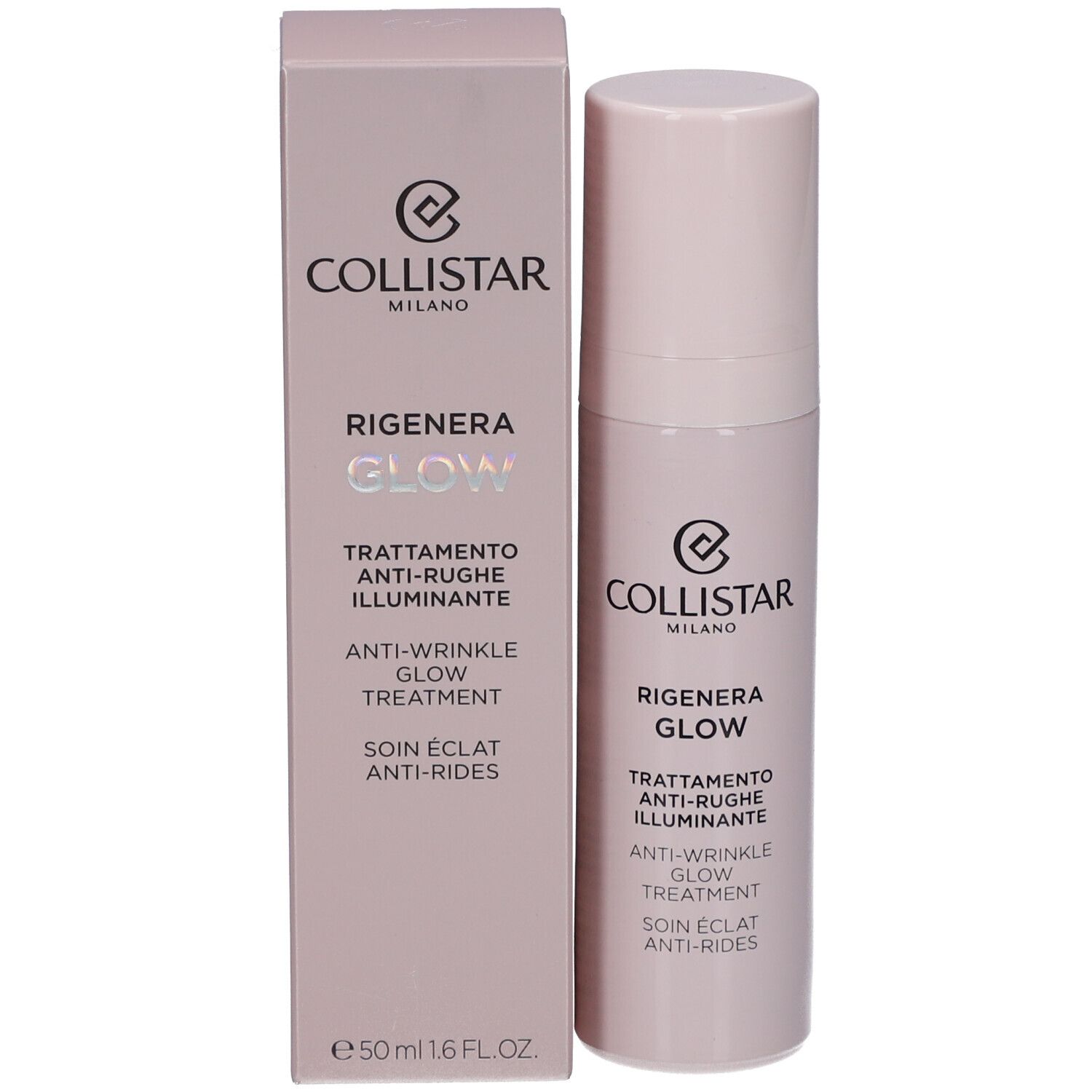 Produktverpackung und Flasche. Aufschrift: Collistar Milano, Rigenera Glow, Anti-Wrinkle Glow Treatment.
