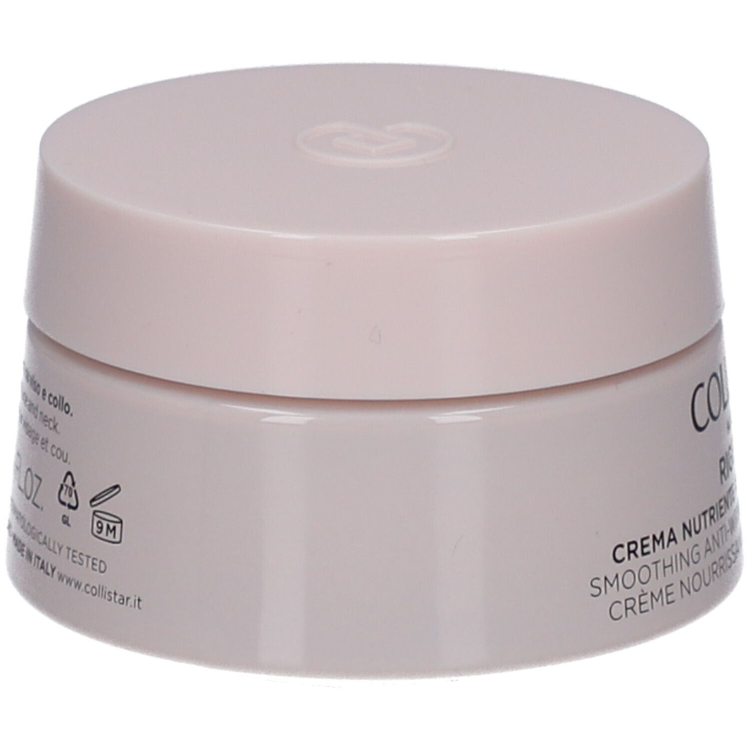 Creme-Tiegel, rosa. Aufschrift: Collistar Milano, Rigenera, Creme. Rückseite mit Text und Symbolen.