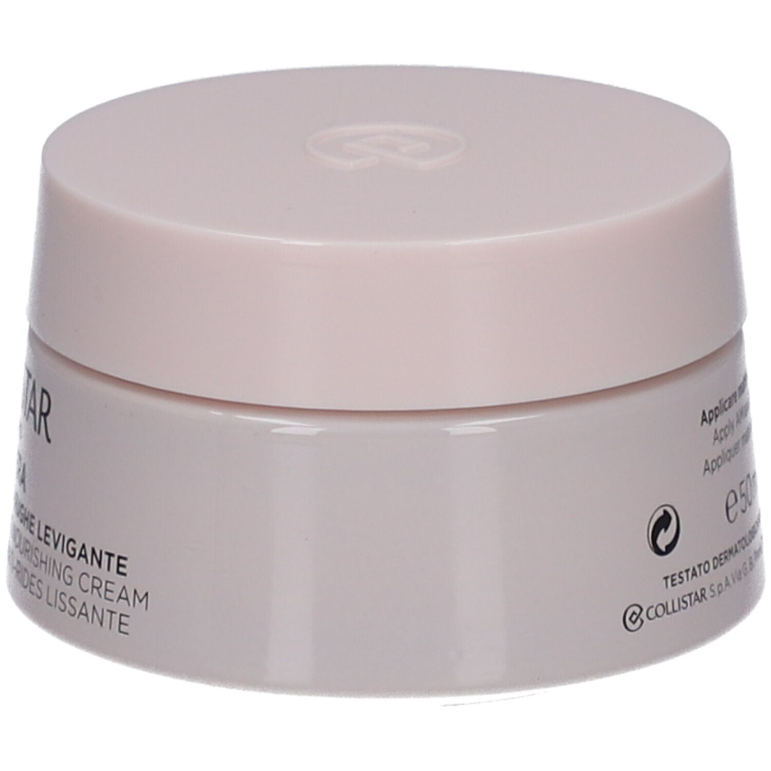 Creme-Tiegel, rosa. Aufschrift: Collistar Milano, Rigenera, Creme. Rückseite mit Text und Symbolen.