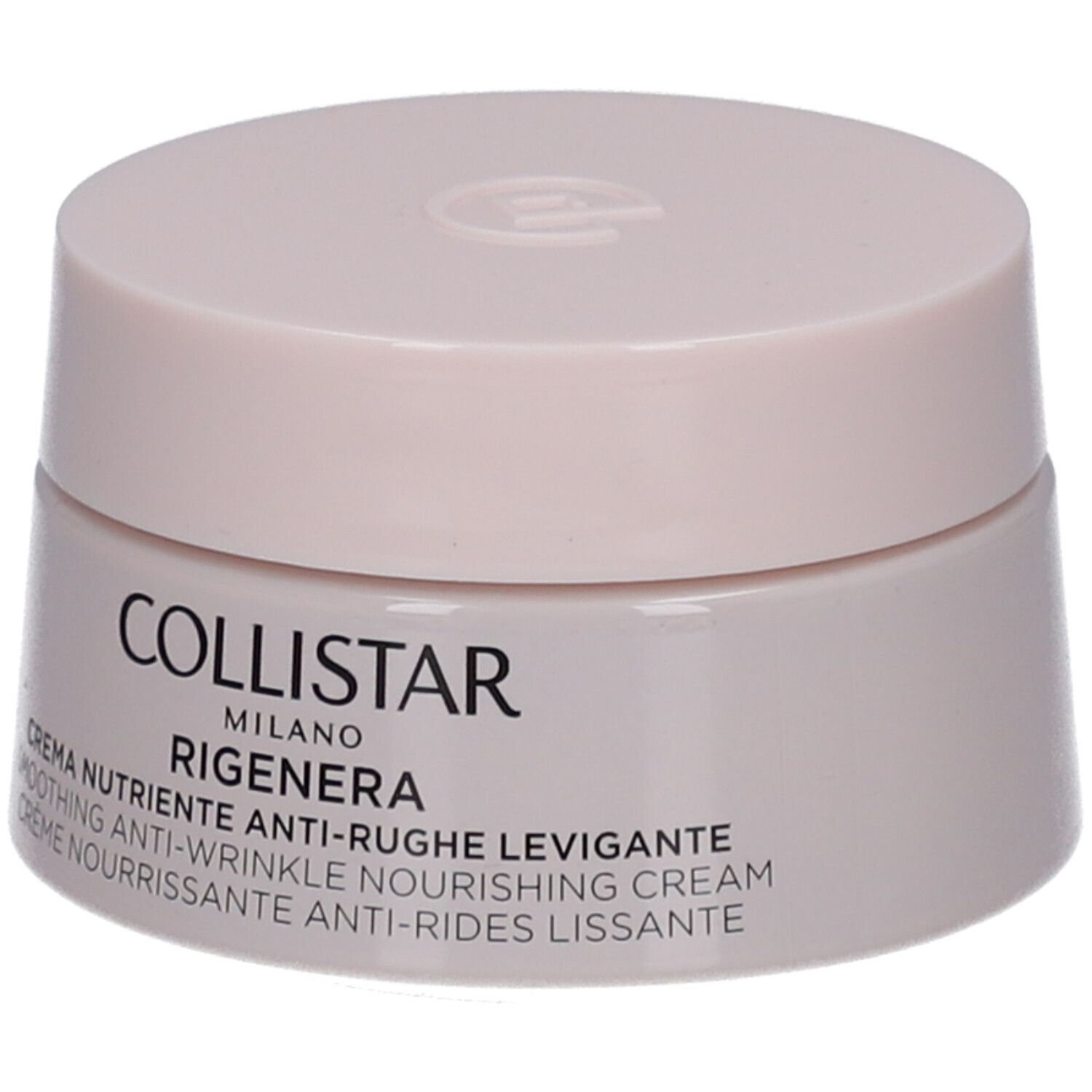 Creme-Tiegel, rosa. Aufschrift: Collistar Milano, Rigenera, Creme. Vorderseite mit Text.