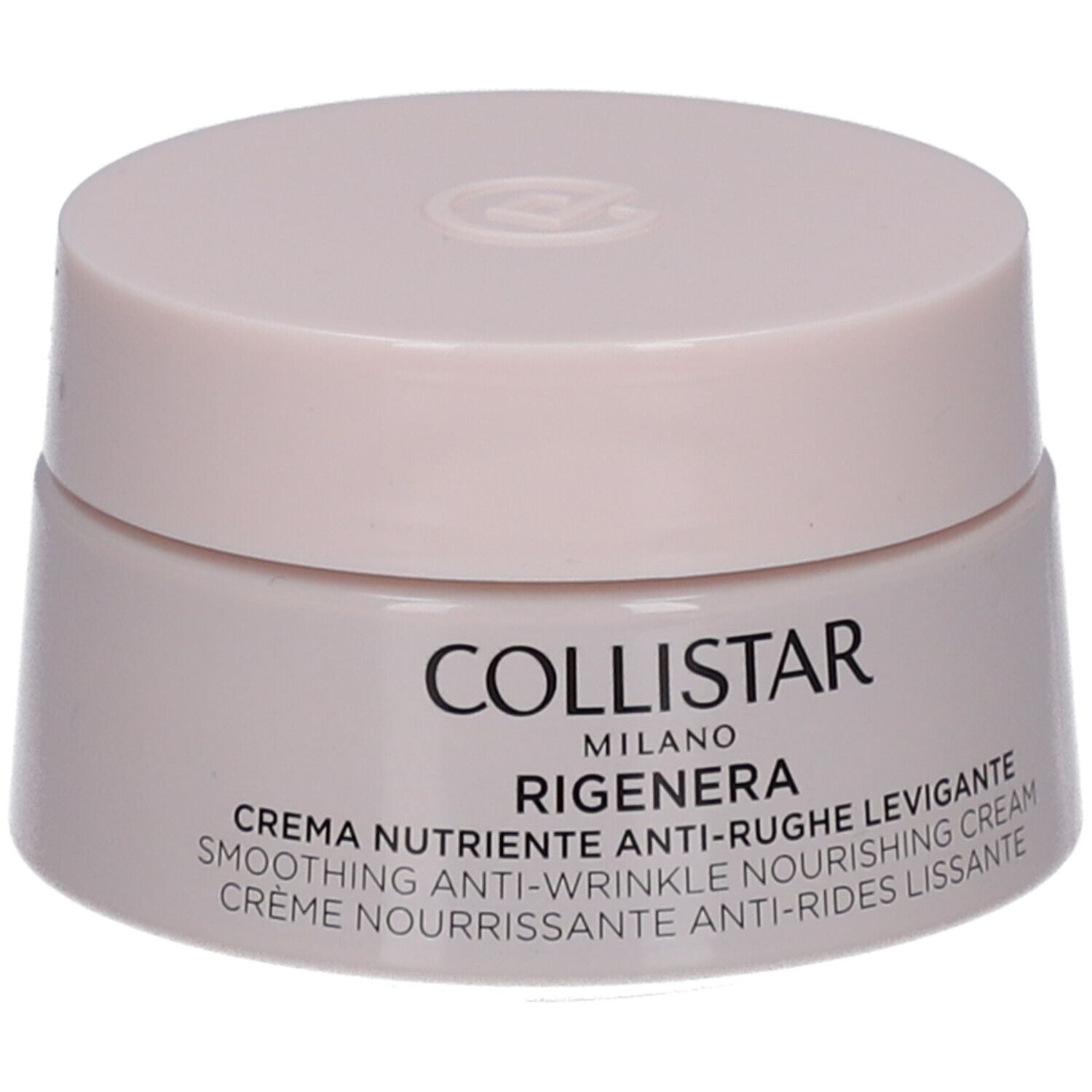 Creme-Tiegel, rosa. Aufschrift: Collistar Milano, Rigenera, Creme. Vorderseite mit Text.