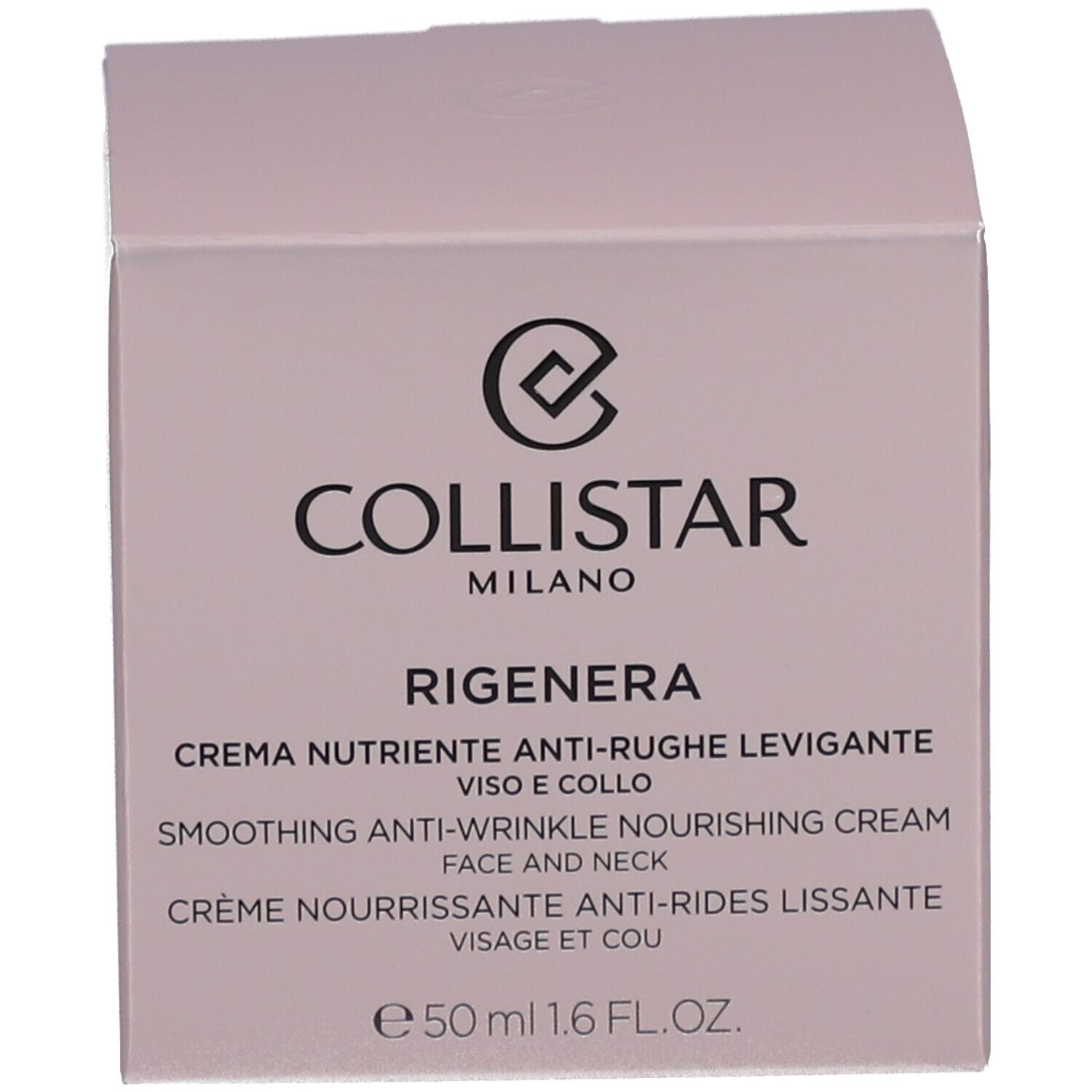 Schachtel, rosa. Aufschrift: Collistar Milano, Rigenera, Creme. Text und Logo.