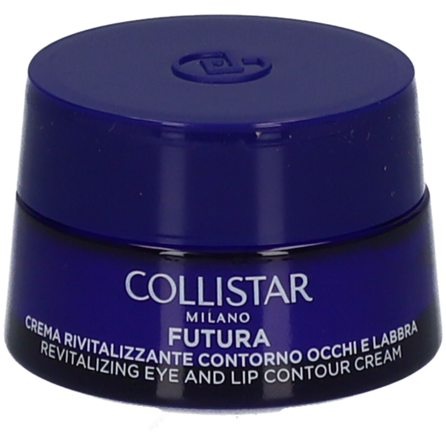 Blaues Tiegel mit Deckel. Aufschrift: Collistar Milano, Futura, Revitalizing Eye and Lip Contour Cream.
