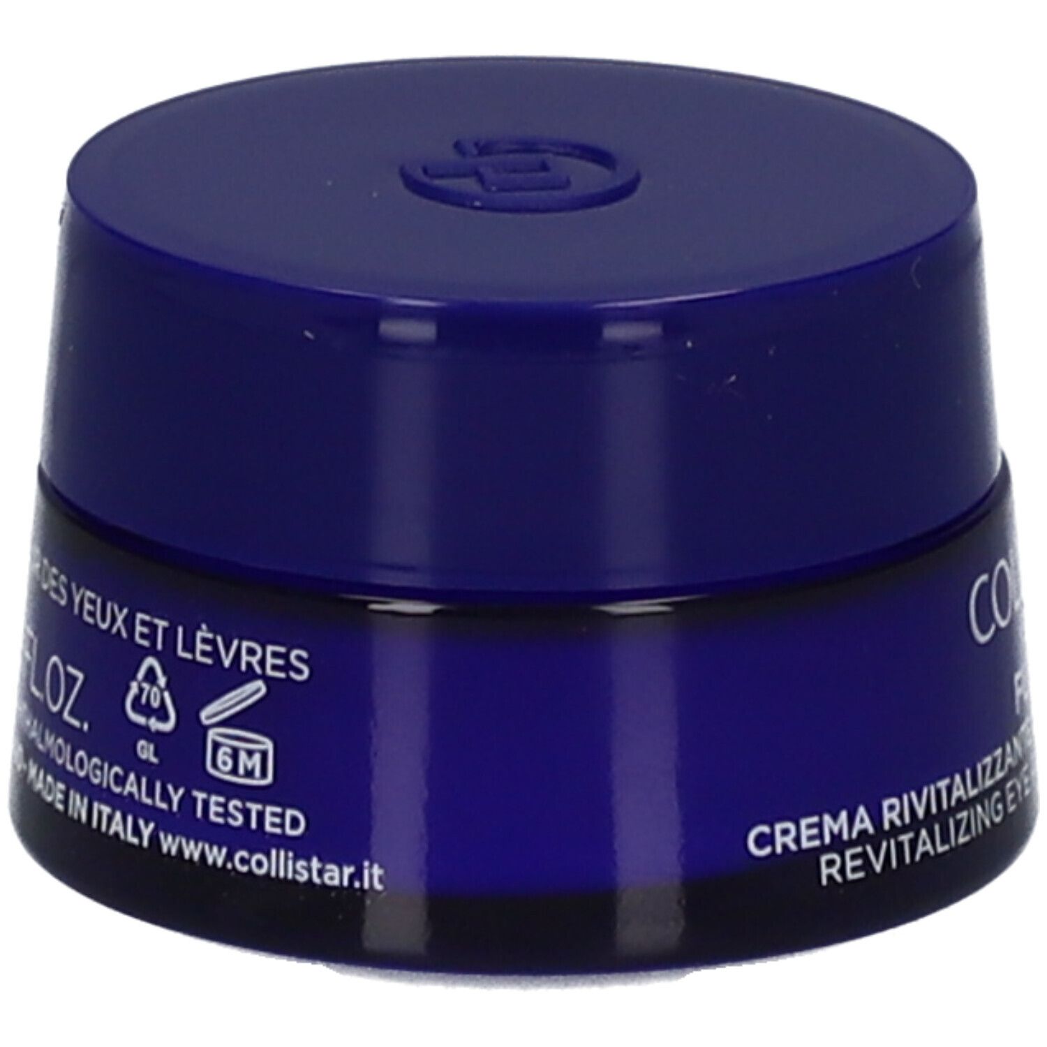 Blaues Tiegel mit Deckel. Aufschrift: Collistar, Creme revitalisante contour des yeux et lèvres. 6M.