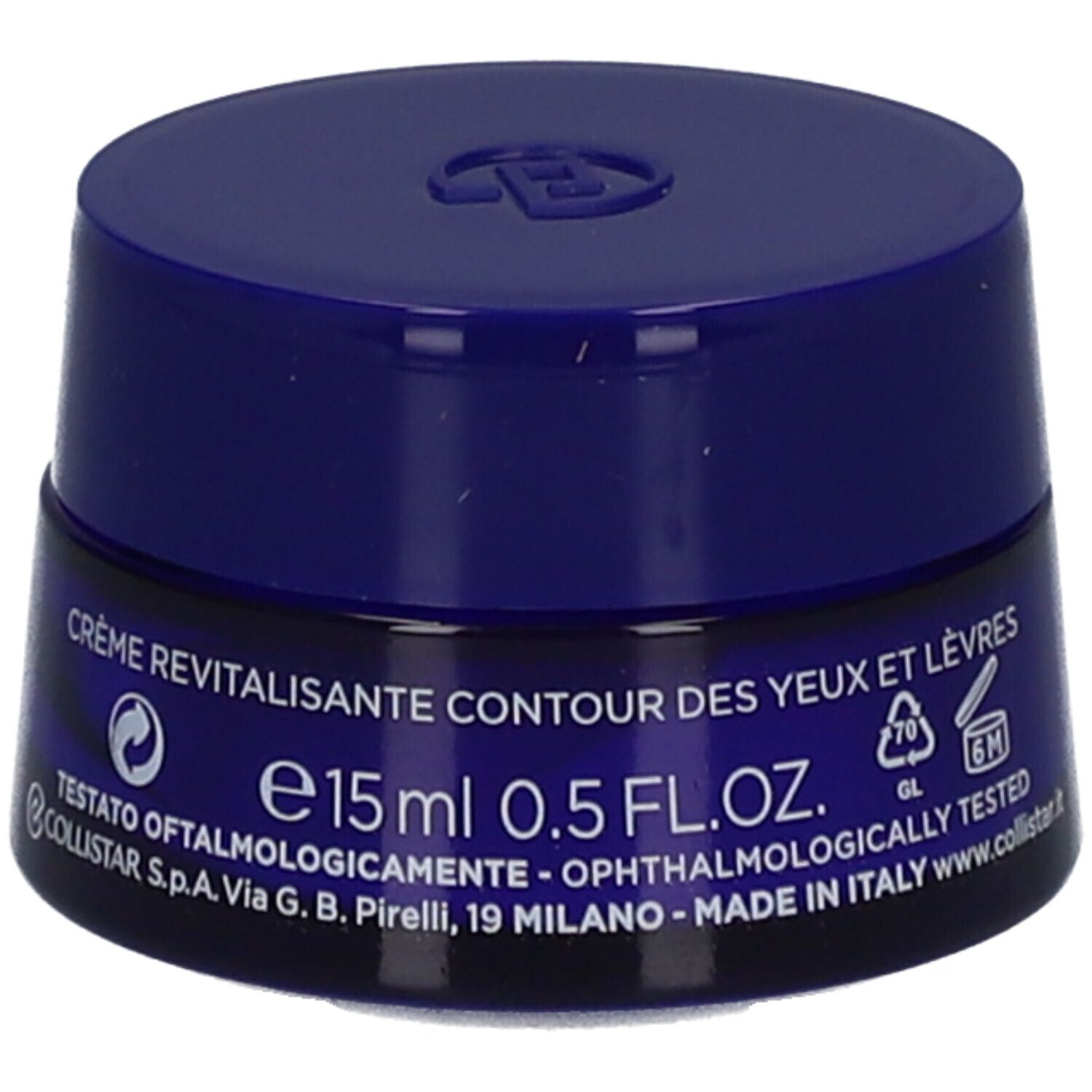 Blaues Tiegel mit Deckel. Aufschrift: Crème revitalisante contour des yeux et lèvres. 15ml 0.5 FL.OZ. 6M.