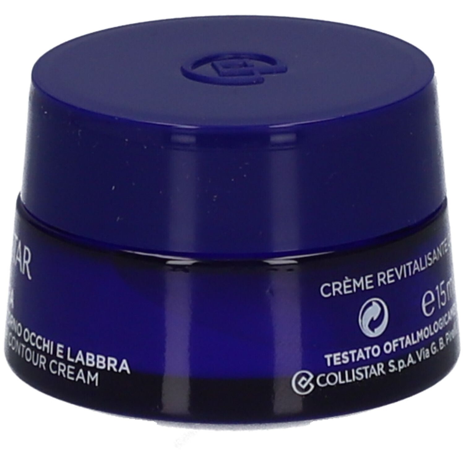 Blaues Tiegel mit Deckel. Aufschrift: Crème revitalisante contour des yeux et lèvres. 15ml 0.5 FL.OZ. 6M.