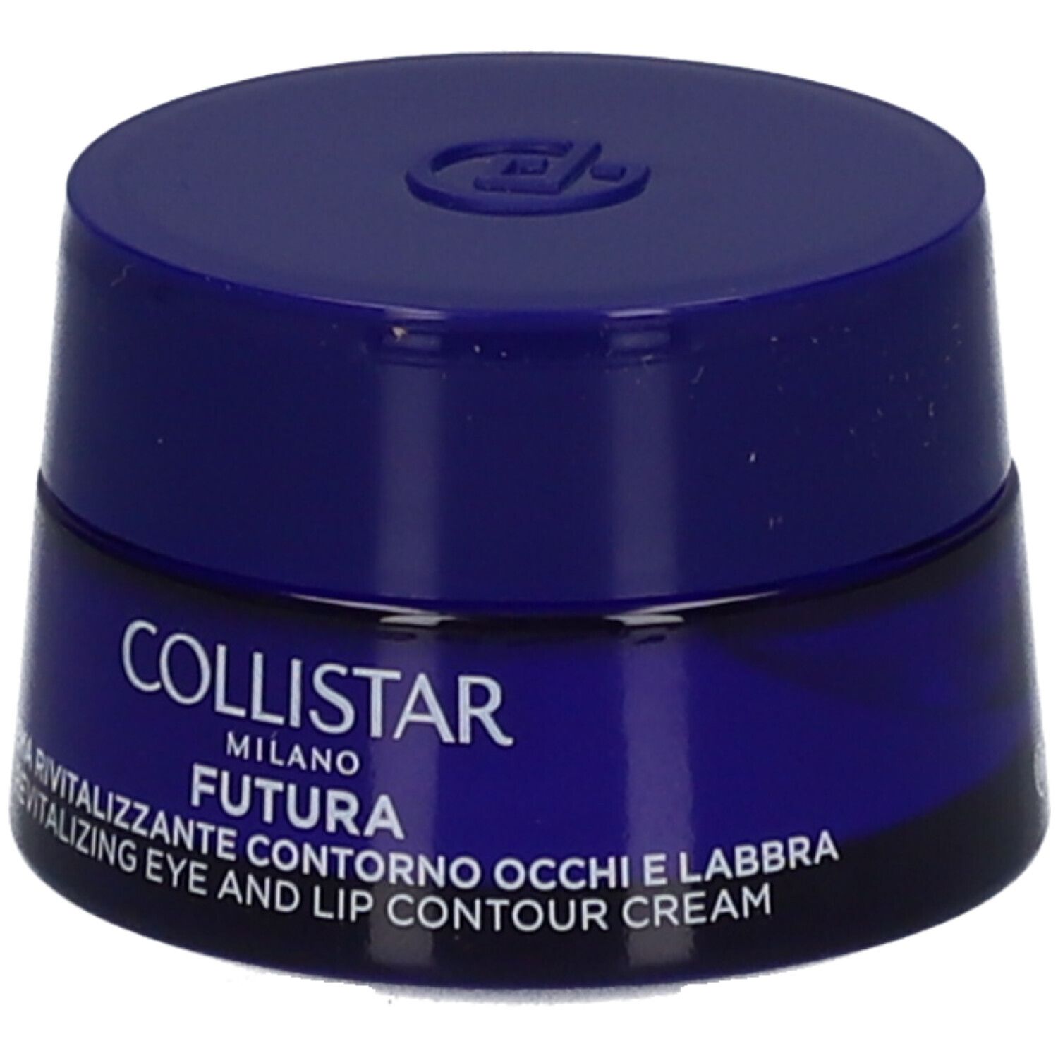 Blaues Tiegel mit Deckel. Aufschrift: Collistar Milano, Futura, Revitalizing Eye and Lip Contour Cream.