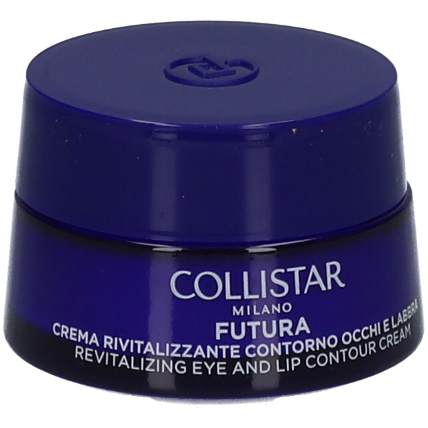 Blaues Tiegel mit Deckel. Aufschrift: Collistar Milano, Futura, Revitalizing Eye and Lip Contour Cream.