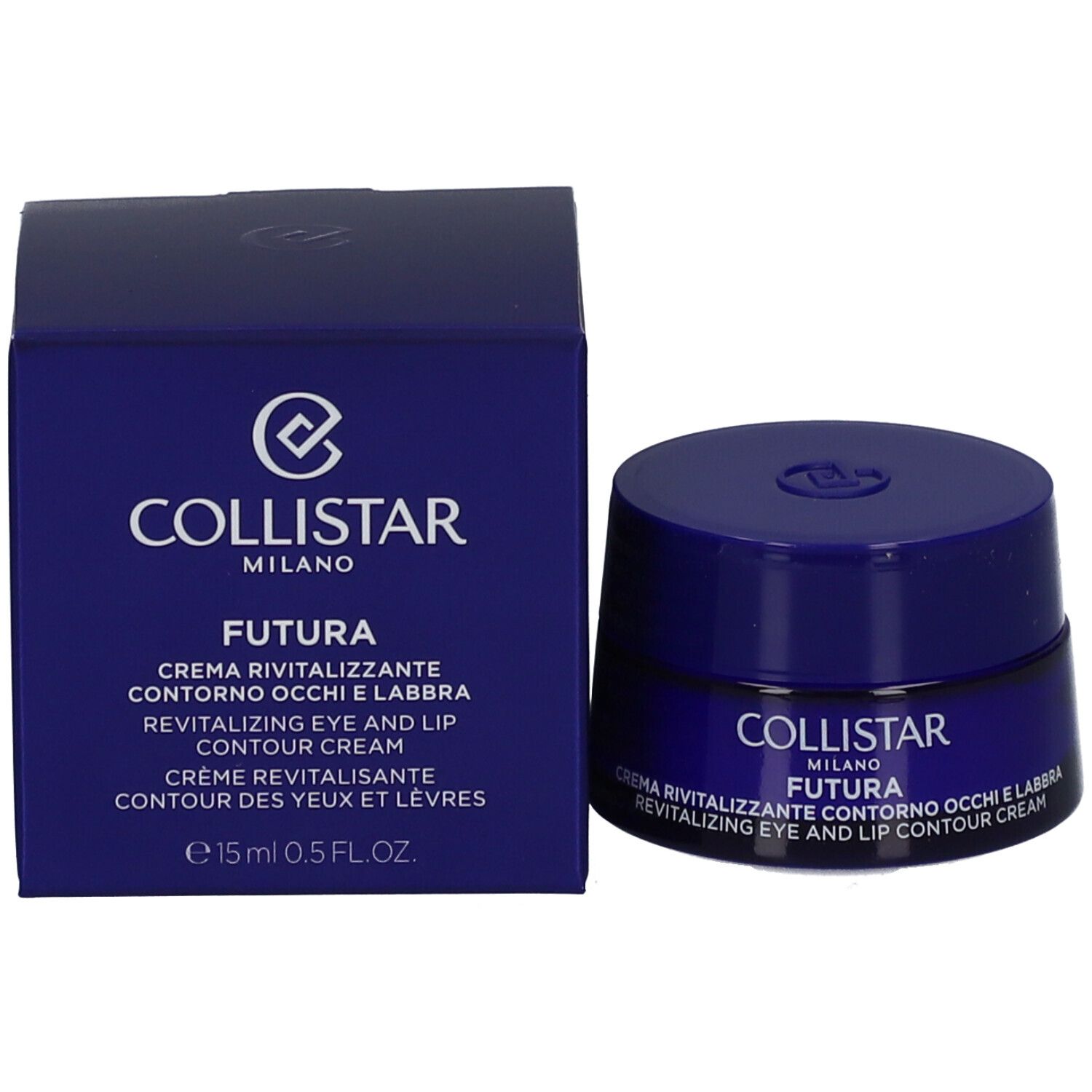 Blaues Tiegel und Schachtel. Aufschrift: Collistar Milano, Futura, Revitalizing Eye and Lip Contour Cream.
