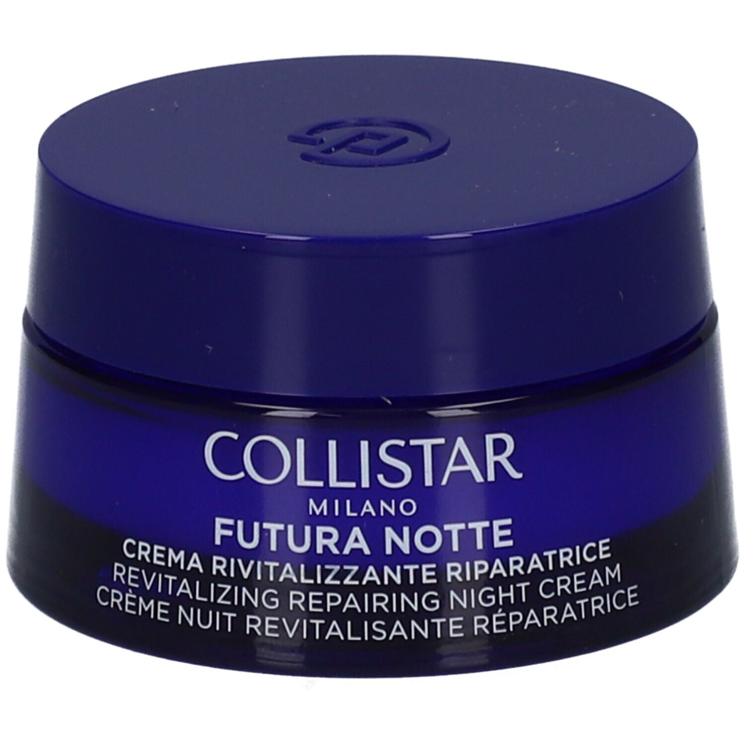 Dunkelblaue Creme-Dose mit Deckel. Aufschrift: COLLISTAR MILANO FUTURA NOTTE. Revitalisierende Nachtcreme.