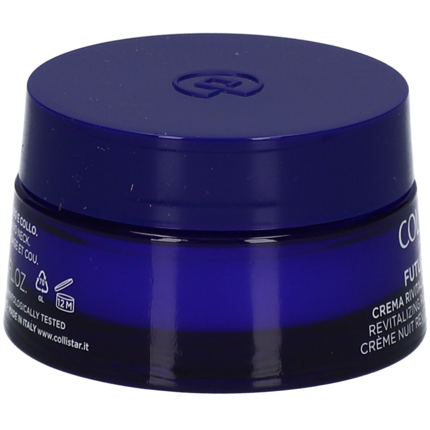 Dunkelblaue Creme-Dose. Aufschrift: COLLISTAR. Text: CREMA RIVITALIZZANTE RIPARATRICE. 12M-Symbol.
