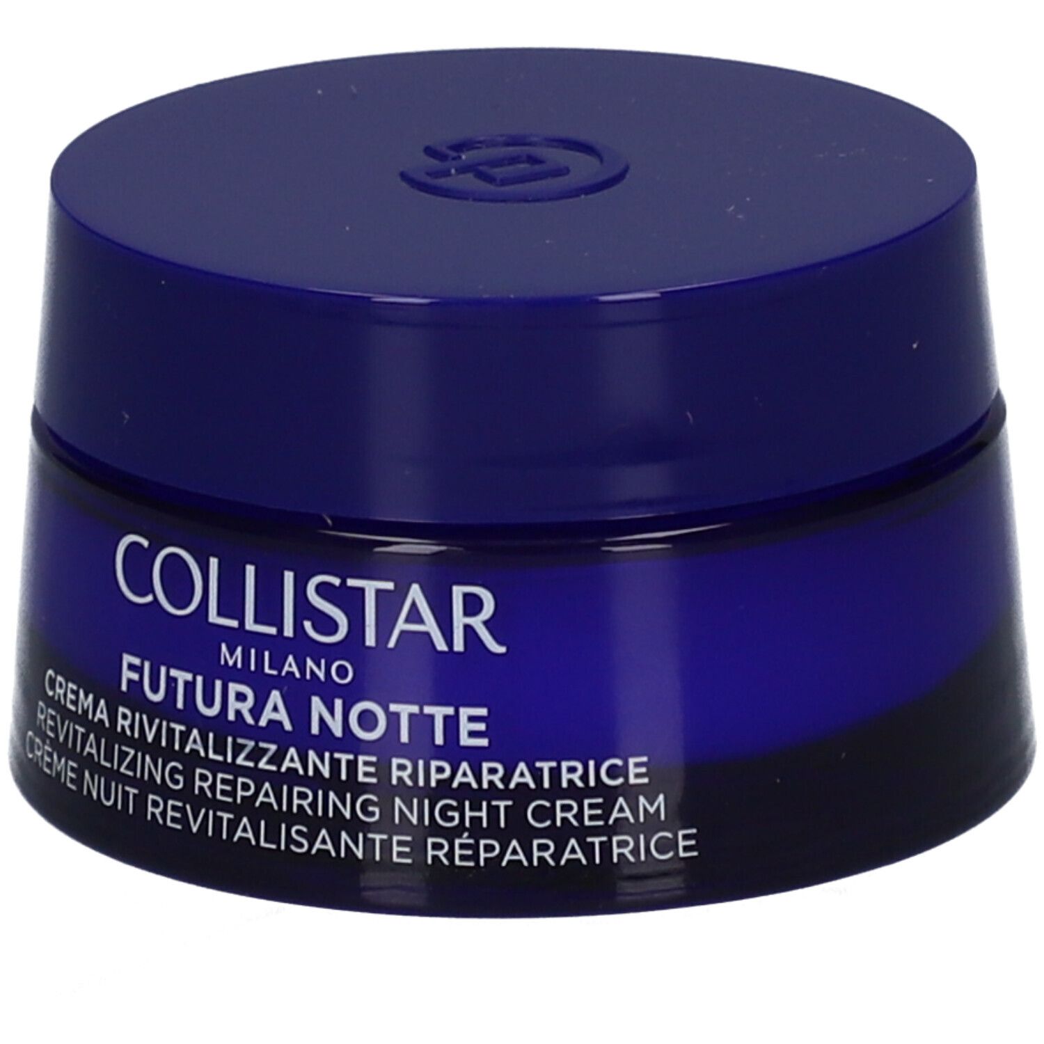Dunkelblaue Creme-Dose. Aufschrift: COLLISTAR MILANO FUTURA NOTTE. Revitalisierende Nachtcreme.